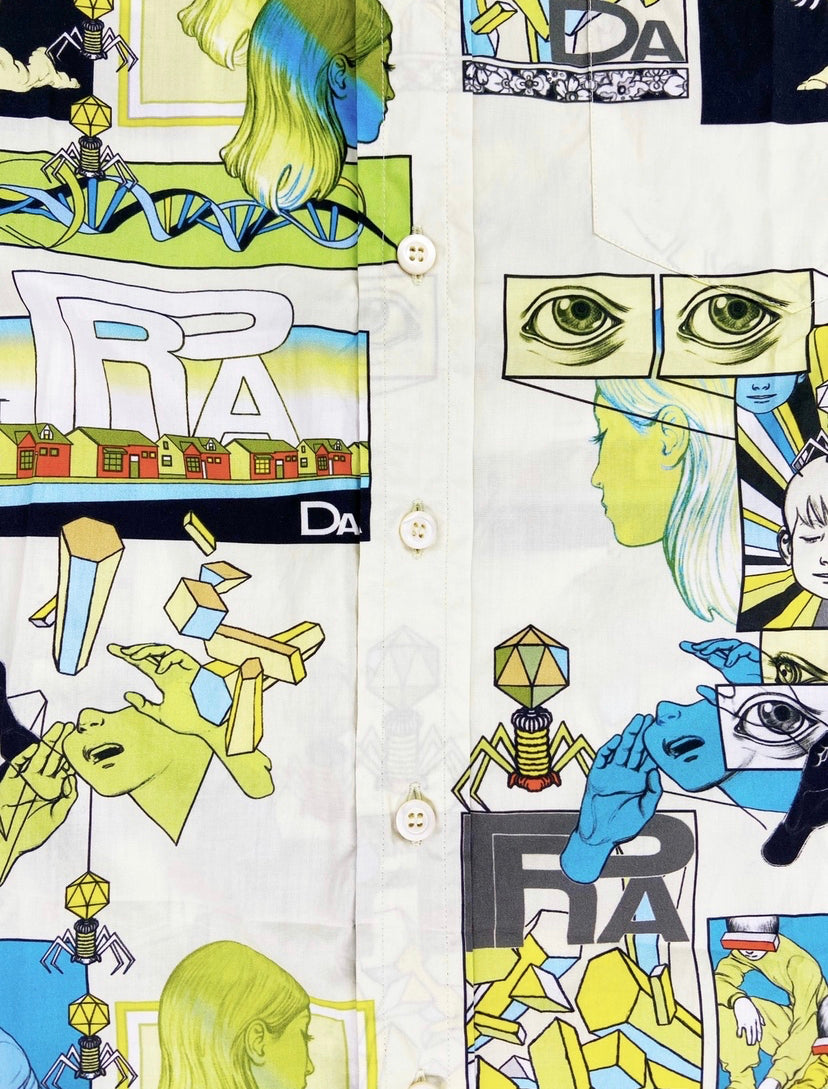 SS18 Prada Camp Collar Button Up Full Print Comic Shirt