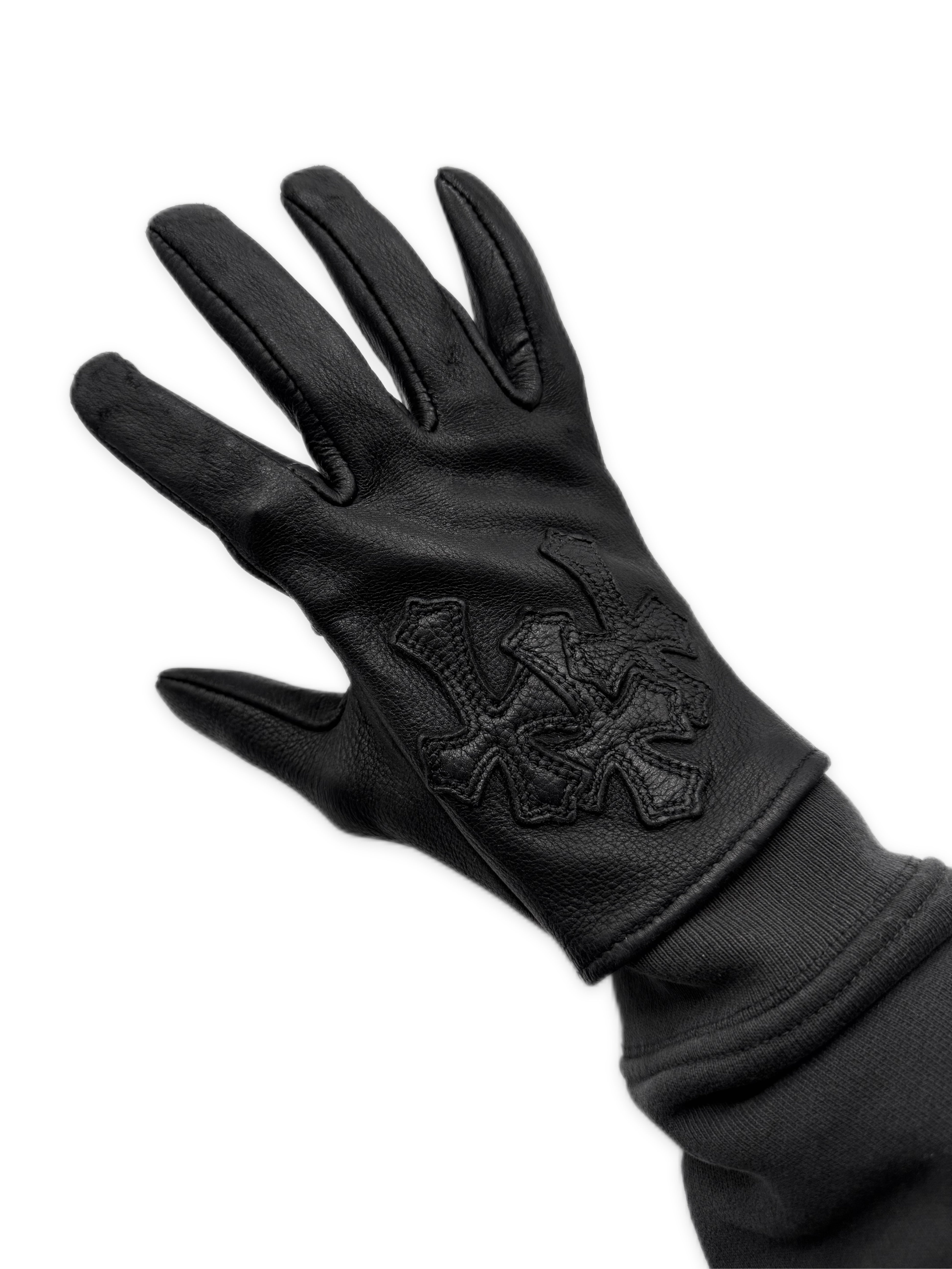 Chrome Hearts Triple Cross Patch Cemetery Black Leather Gloves