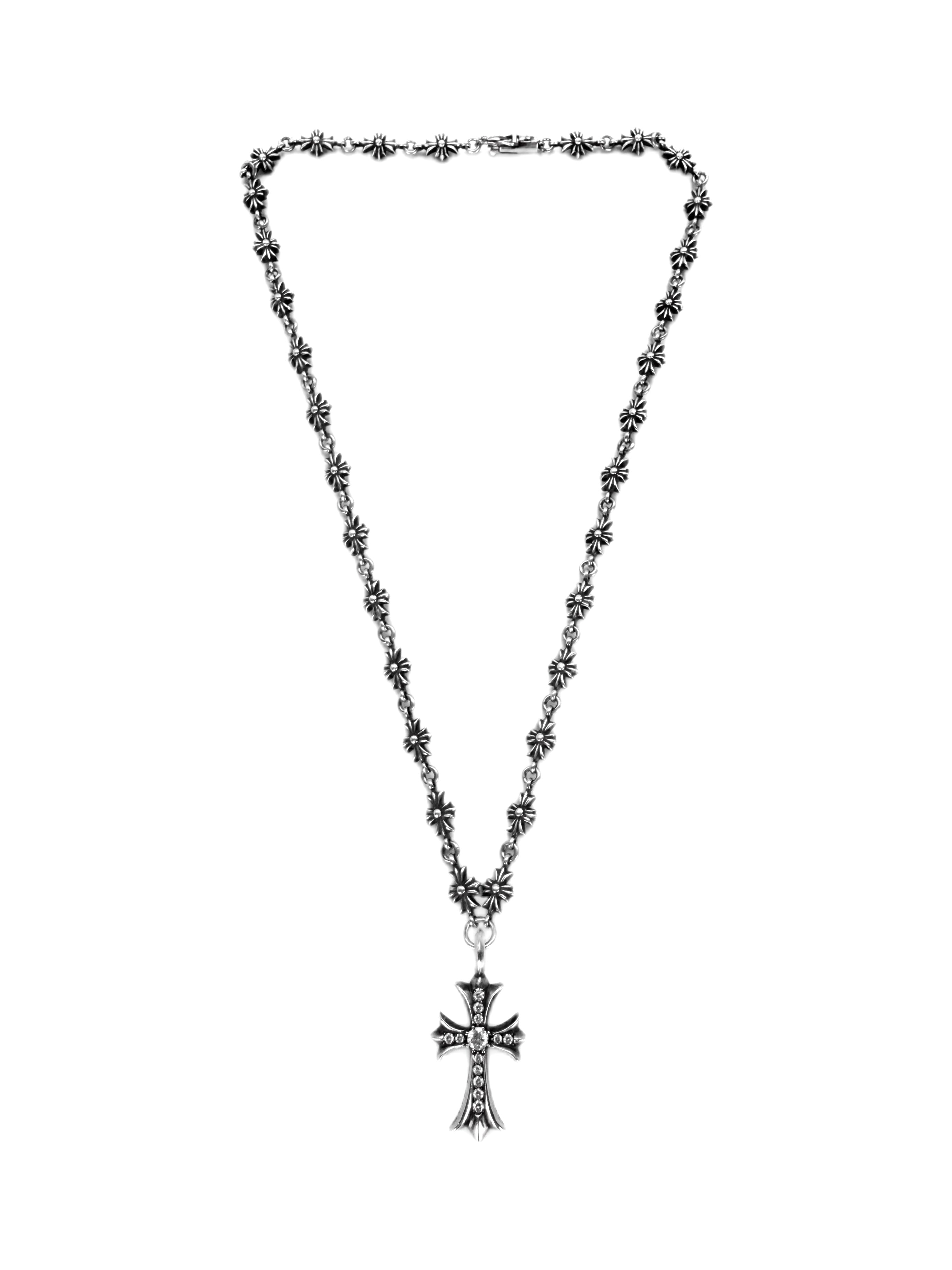 Chrome Hearts Pavé Diamond Tiny E’ 18 in Cross Necklace