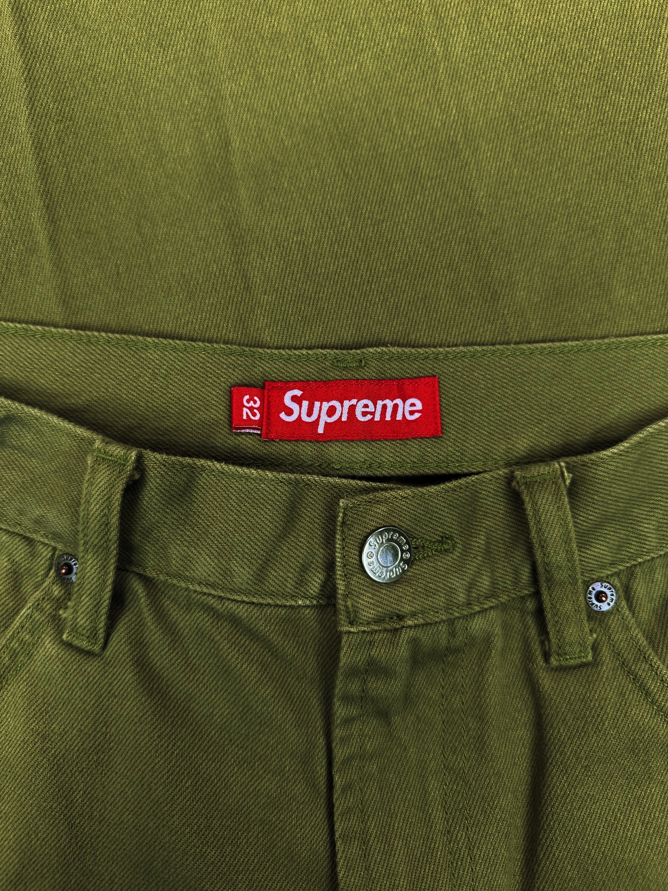Supreme Olive Green Embroidered Back Logo Wide Cut Denim