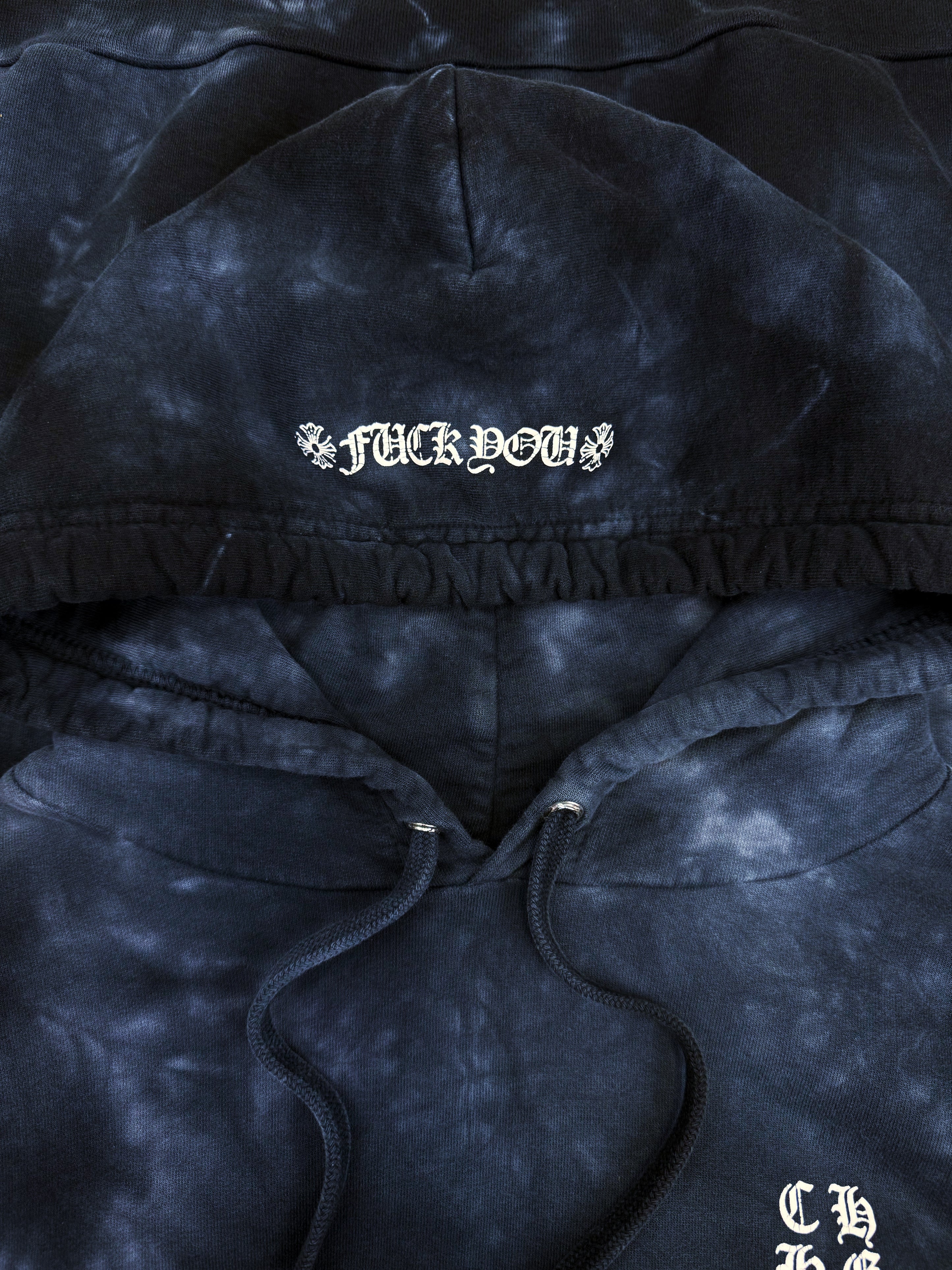 Chrome Hearts Tie Dye Blue ‘Fuck You’ Horseshoe Logo Hoodie