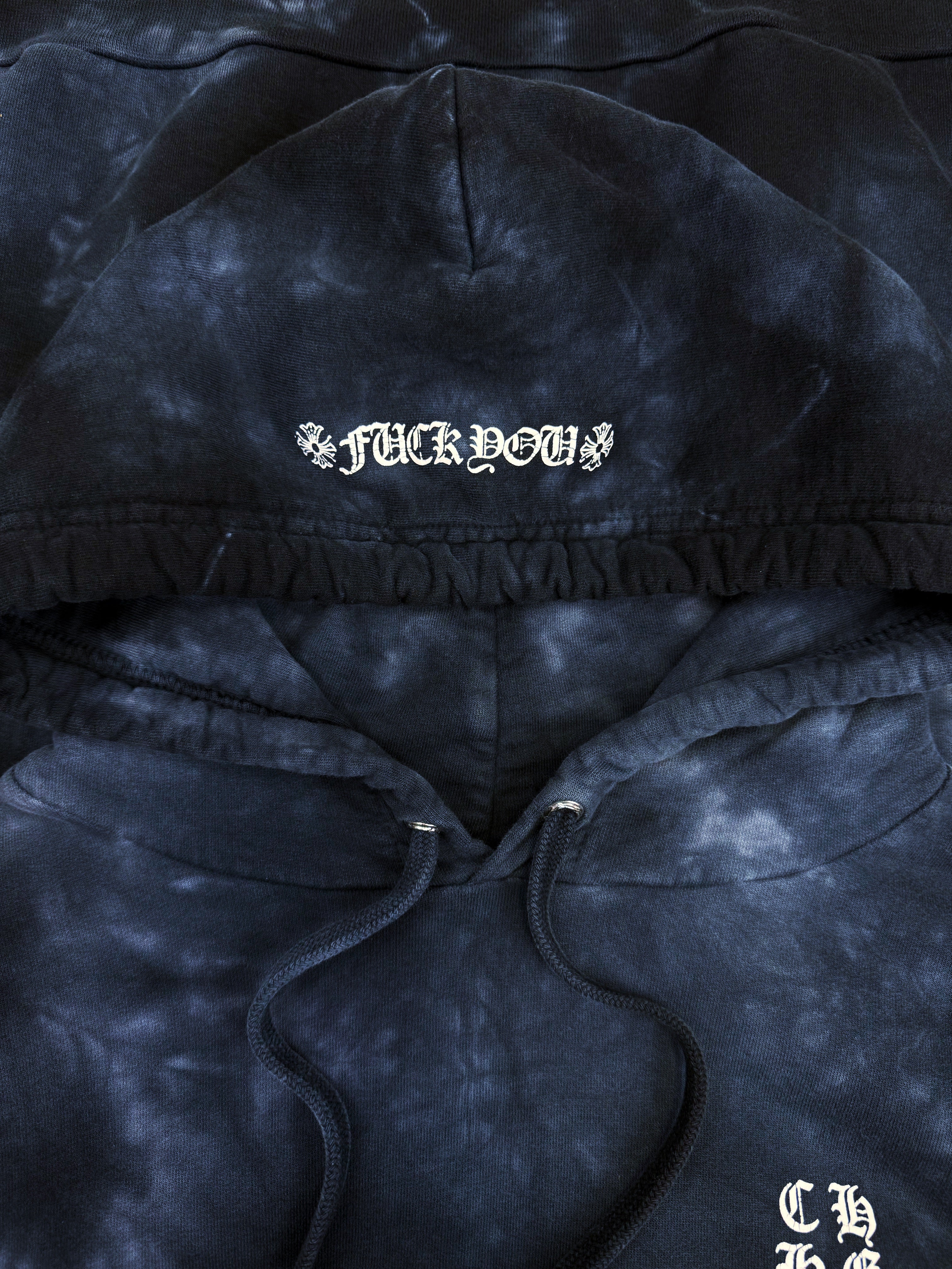 Chrome Hearts Tie Dye Blue ‘Fuck You’ Horseshoe Logo Hoodie