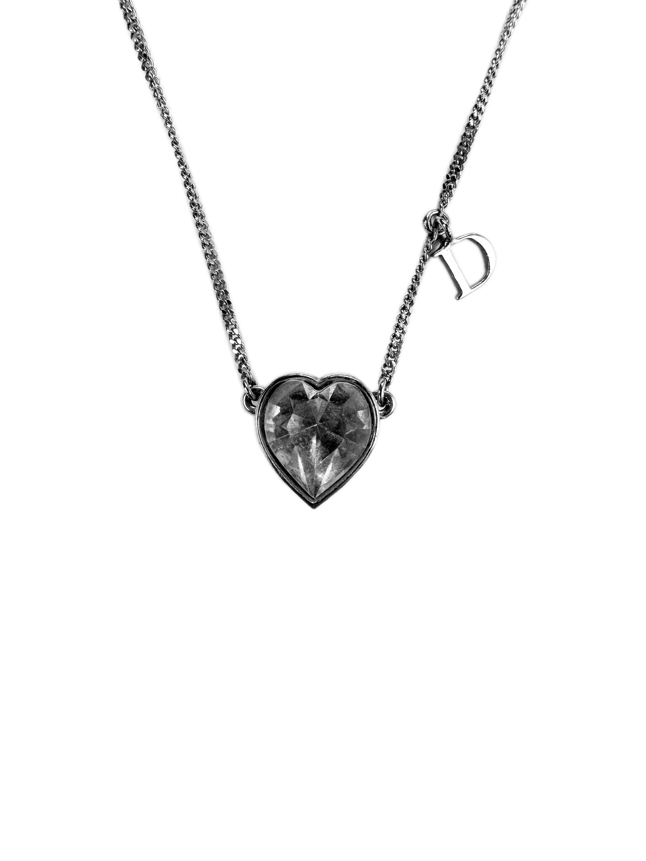 Dior Crystal Heart Pendant Silver Necklace