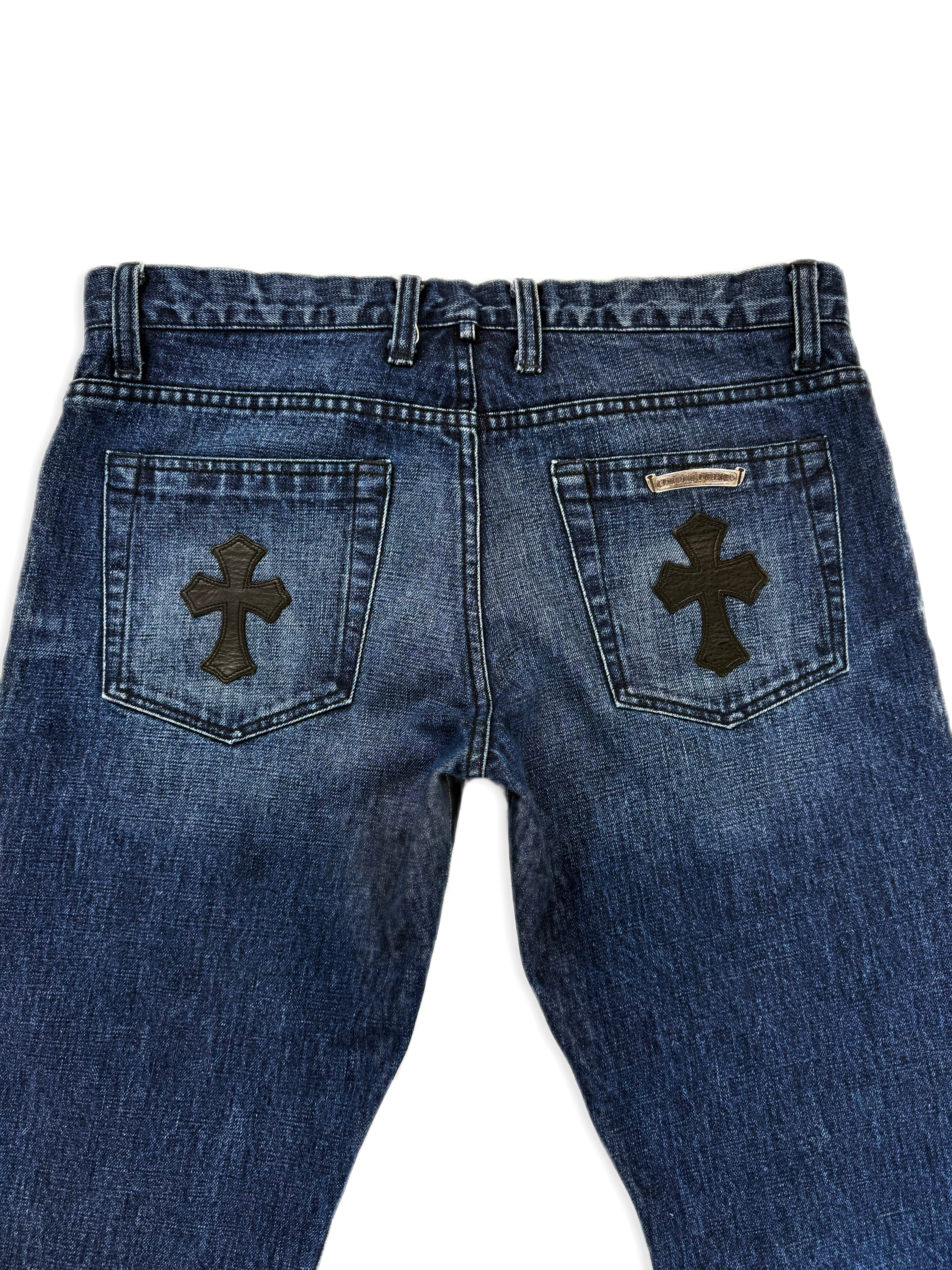Chrome Hearts Dual Leather Cross Patch Flared Blue Wash Denim Jeans