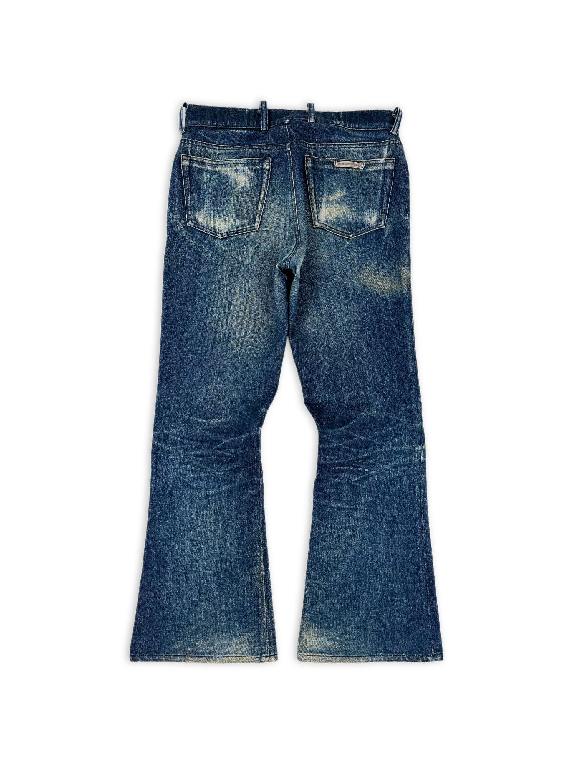 Chrome Hearts Flared Leg Blue Light Wash Fleur Knee .925 Silver Jeans