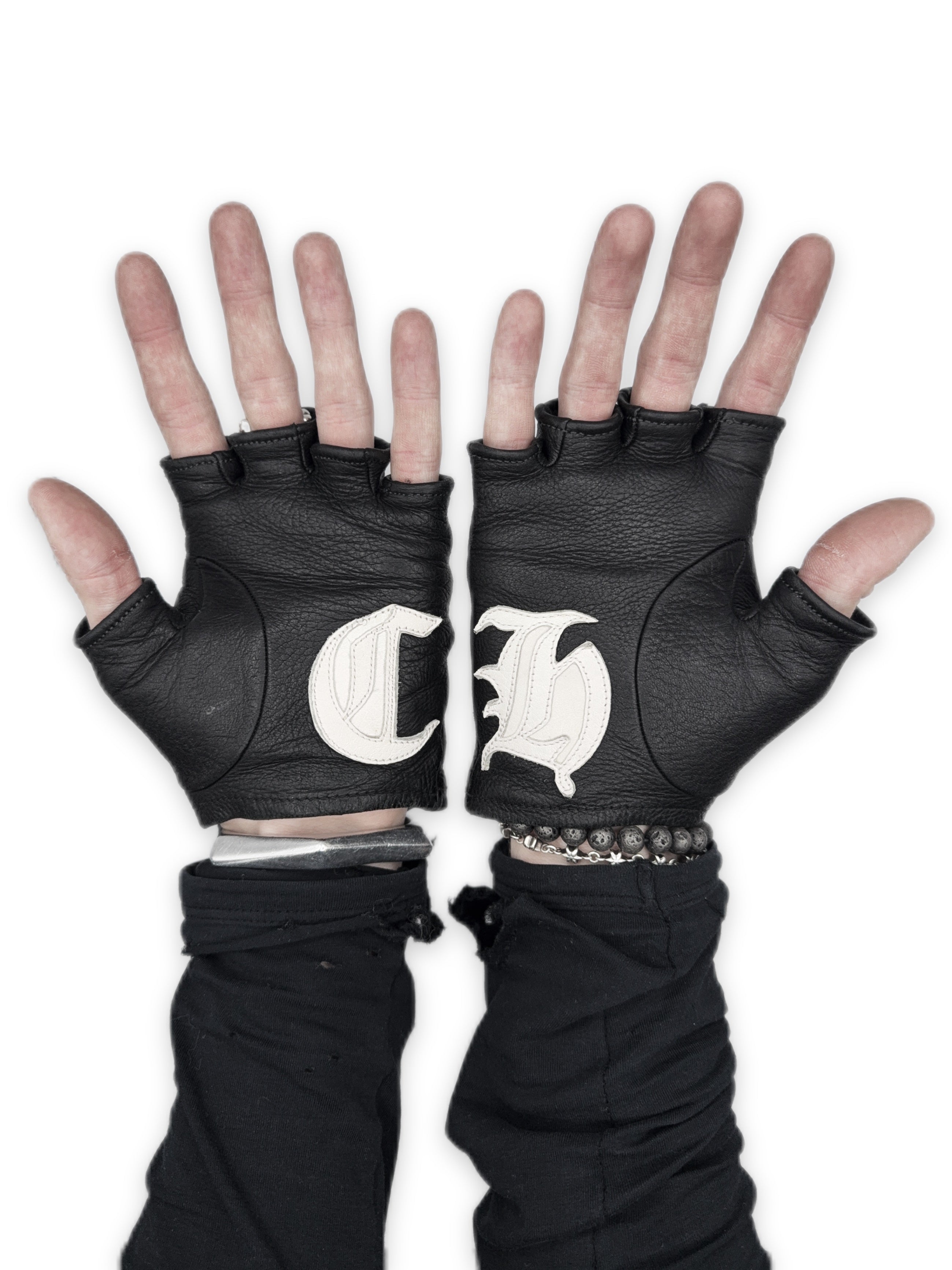 Chrome Hearts CH Patch Fingerless Dagger Zip Leather Gloves