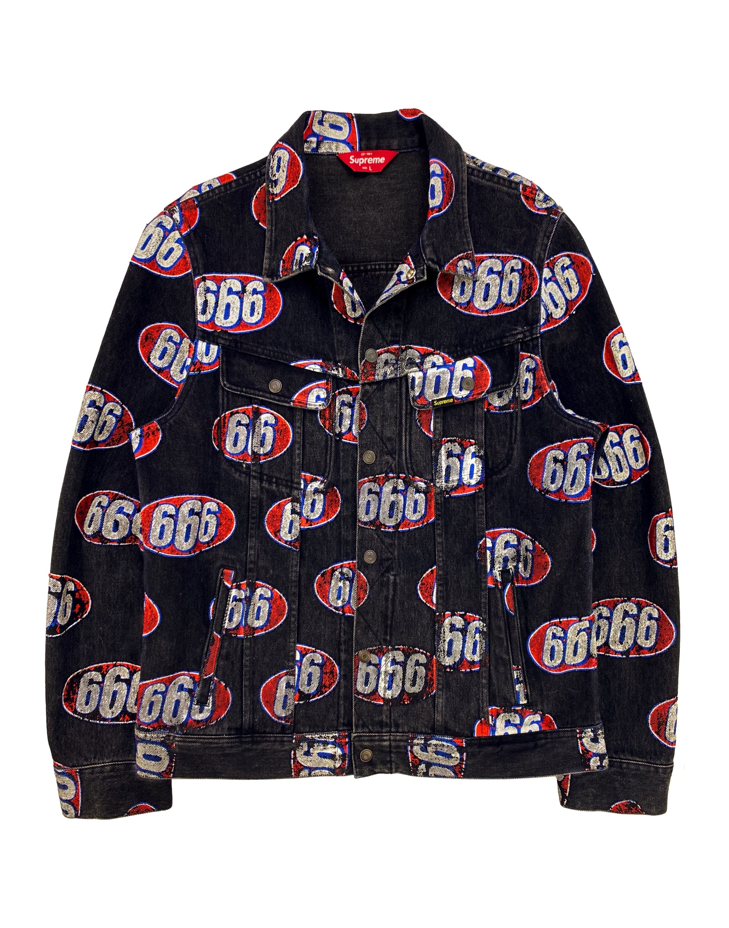 SS17 Supreme ‘666’ Washed Full Print Denim Trucker Jacket
