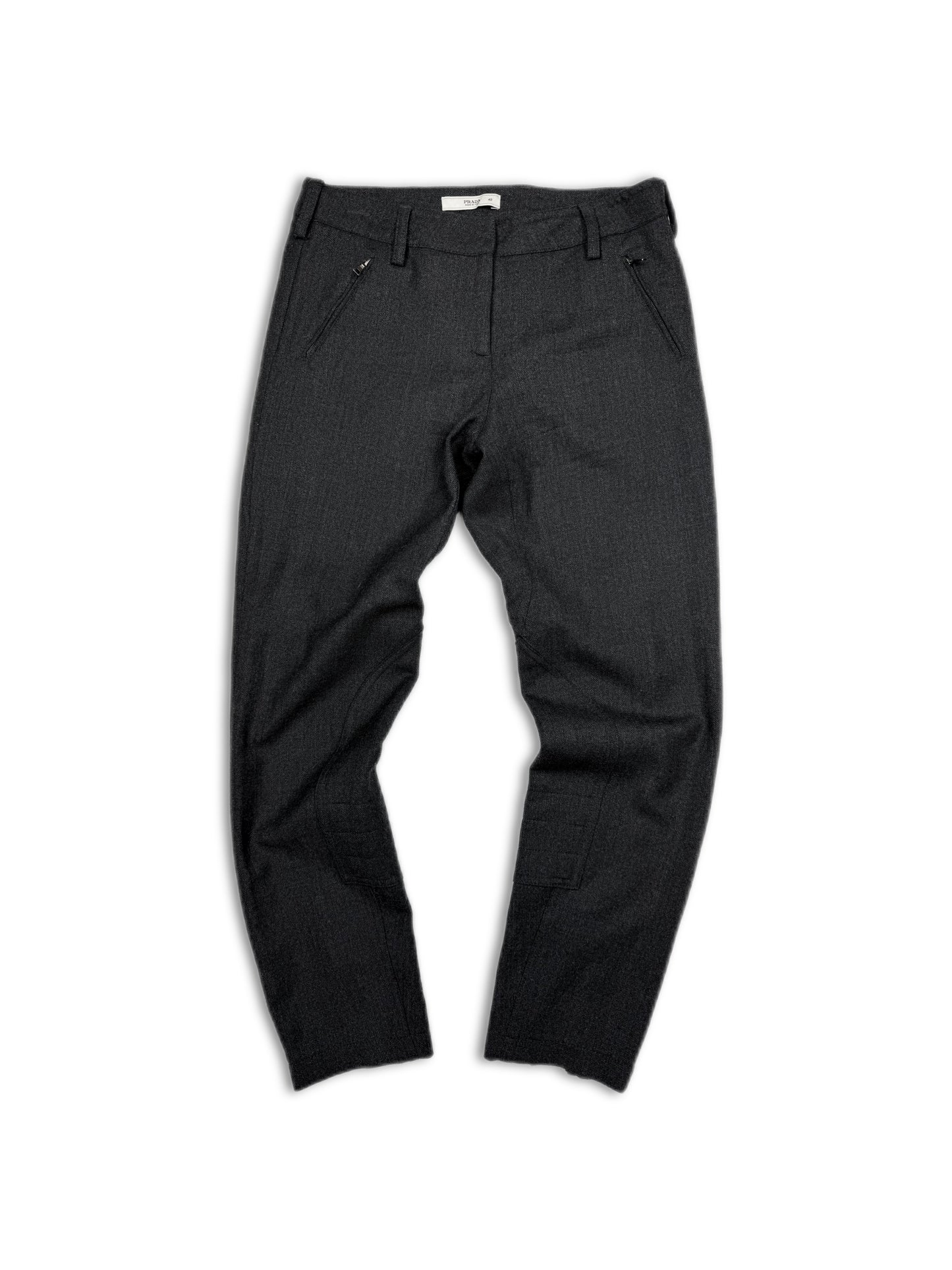 90s Prada Grey Angular Zipper Slim Cut Flared Riding Pants
