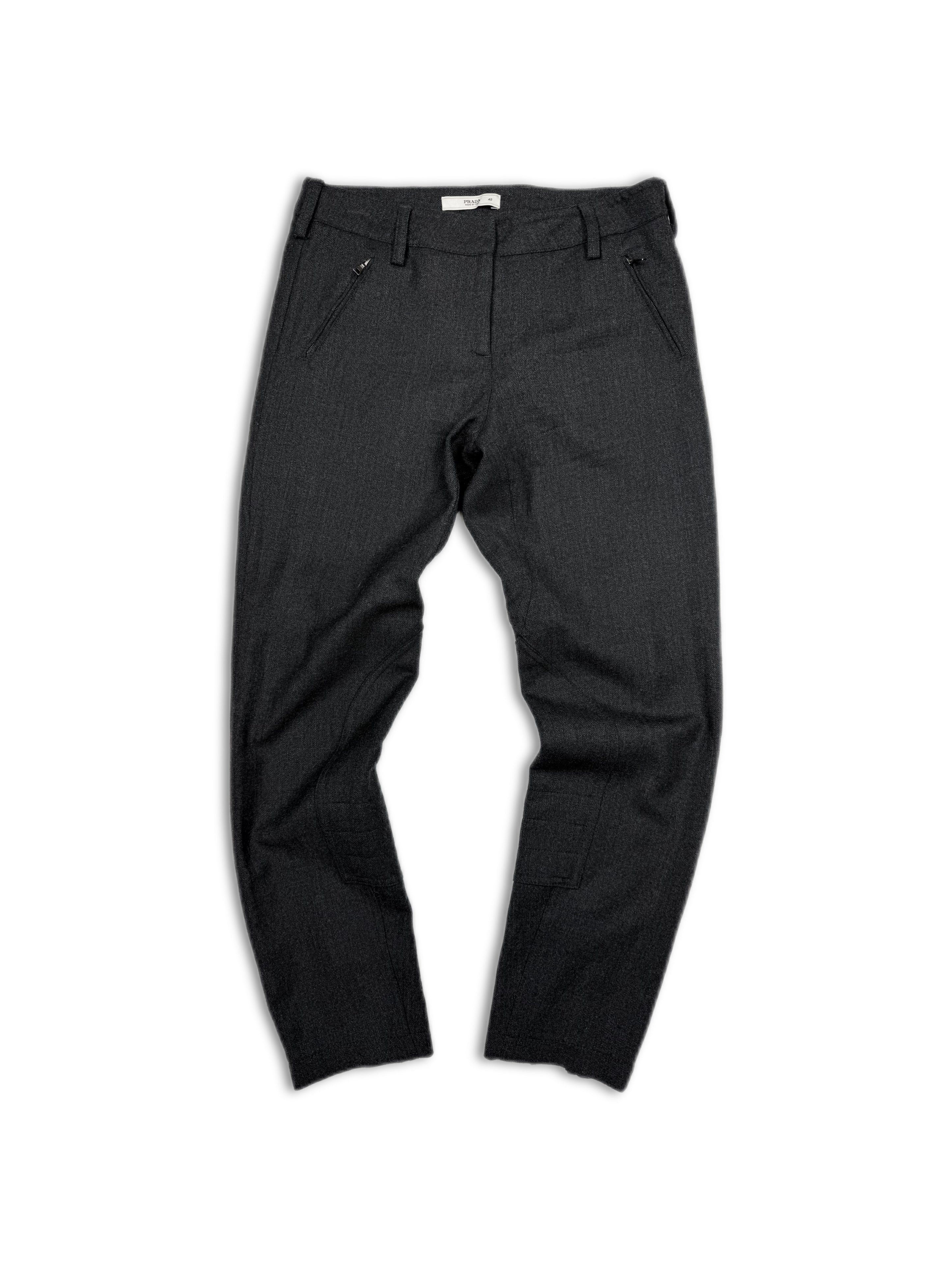 90s Prada Grey Angular Zipper Slim Cut Flared Riding Pants