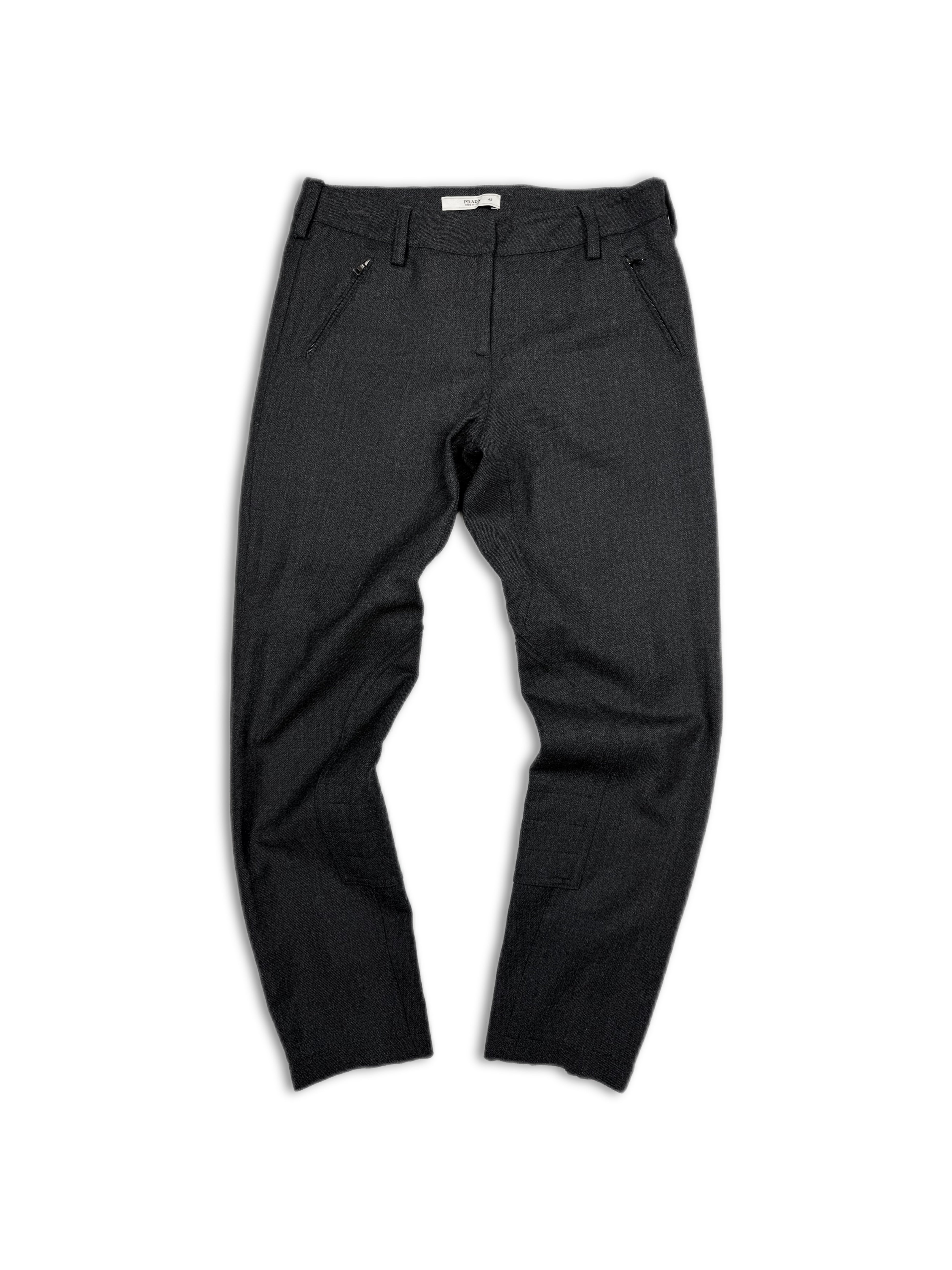 90s Prada Grey Angular Zipper Slim Cut Flared Riding Pants