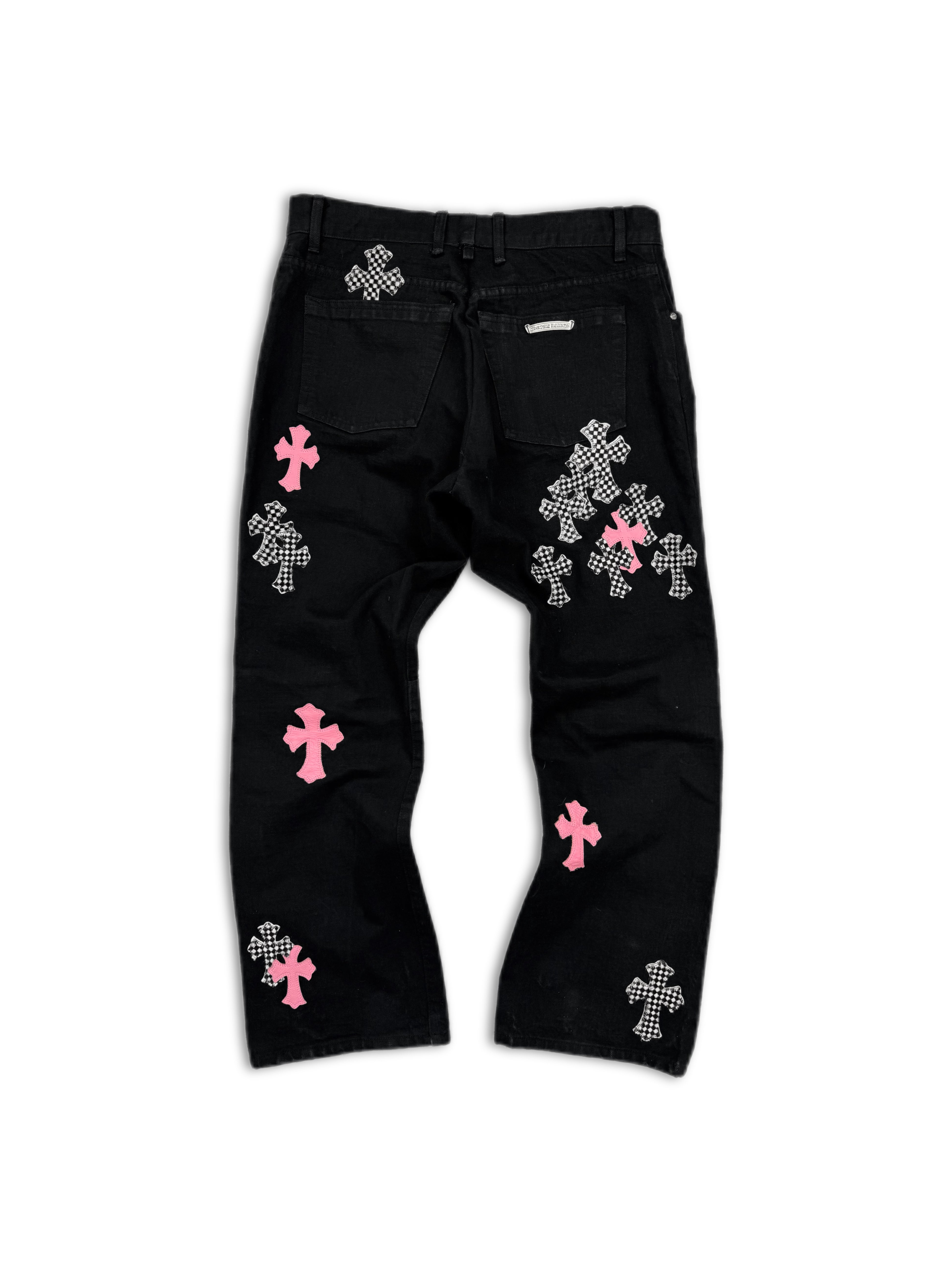 Chrome Hearts Checkered Pink Cross Patch Fleur Knee Denim