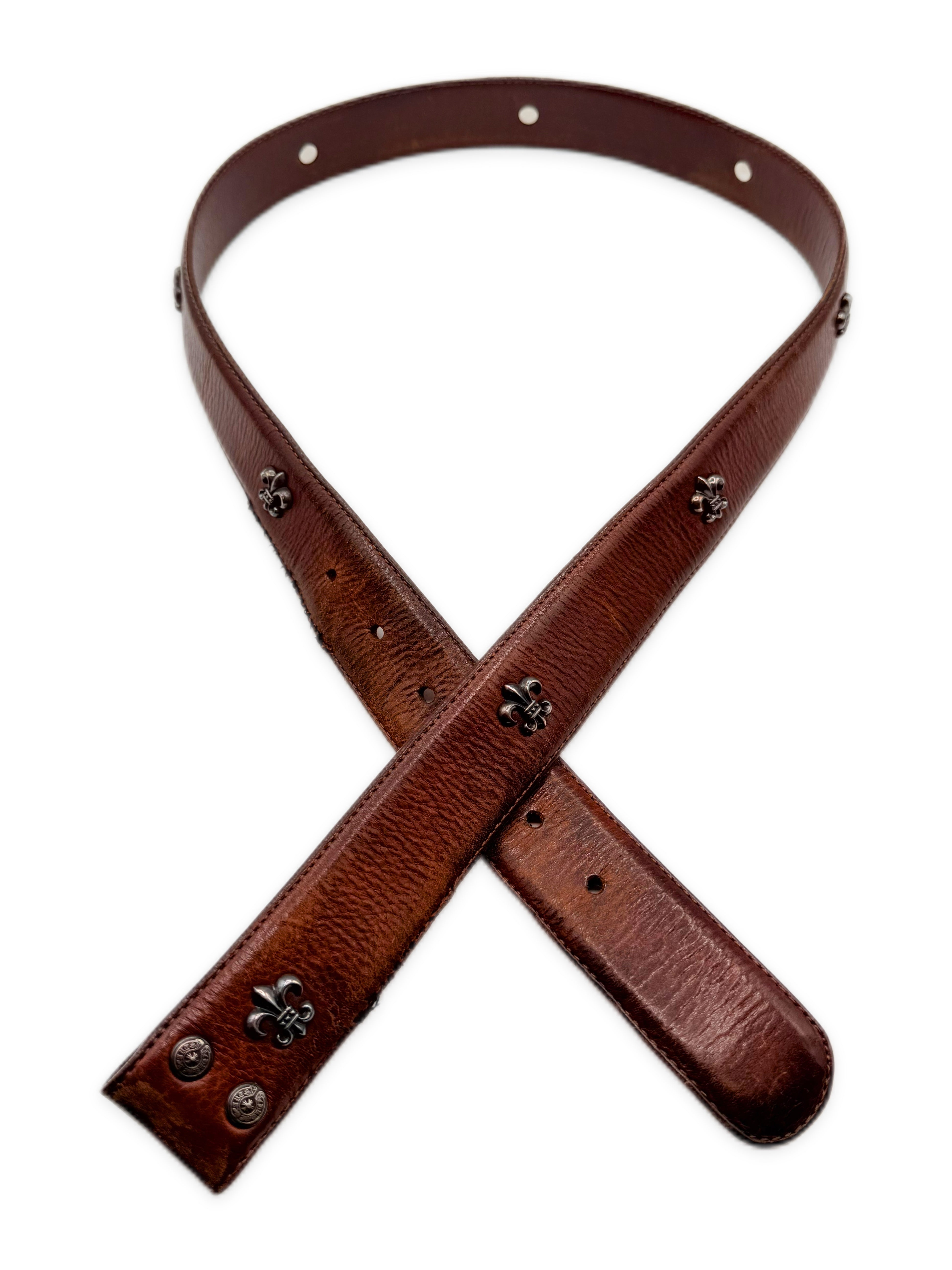 Chrome Hearts Fleur de Lis .925 Silver Brown Leather Belt Strap