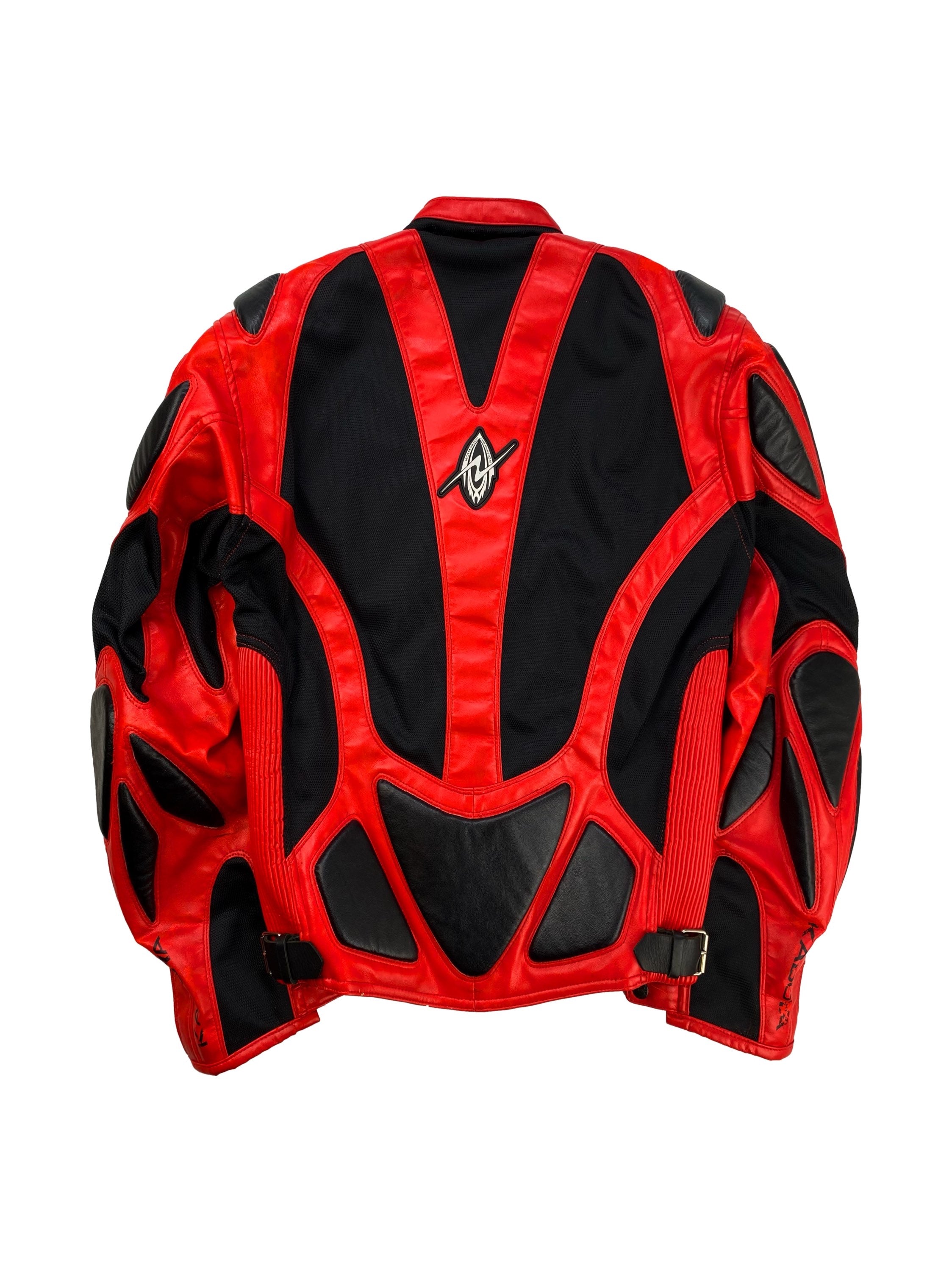 90s Kadoya ‘Geometric’ Padded Cherry Red Leather Biker Jacket
