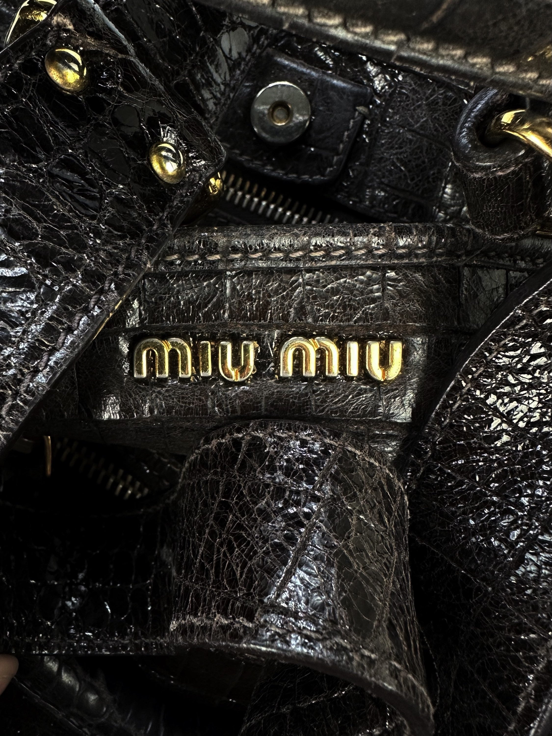 00s Miu Miu Dark Brown Leather Crocodile Shoulder Bag
