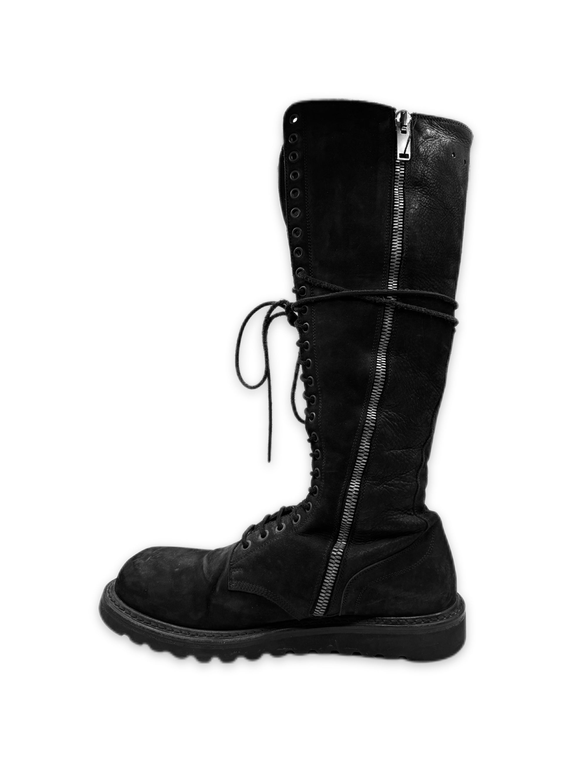 Rick Owens Side Zip Combat High Top Black Leather Boots
