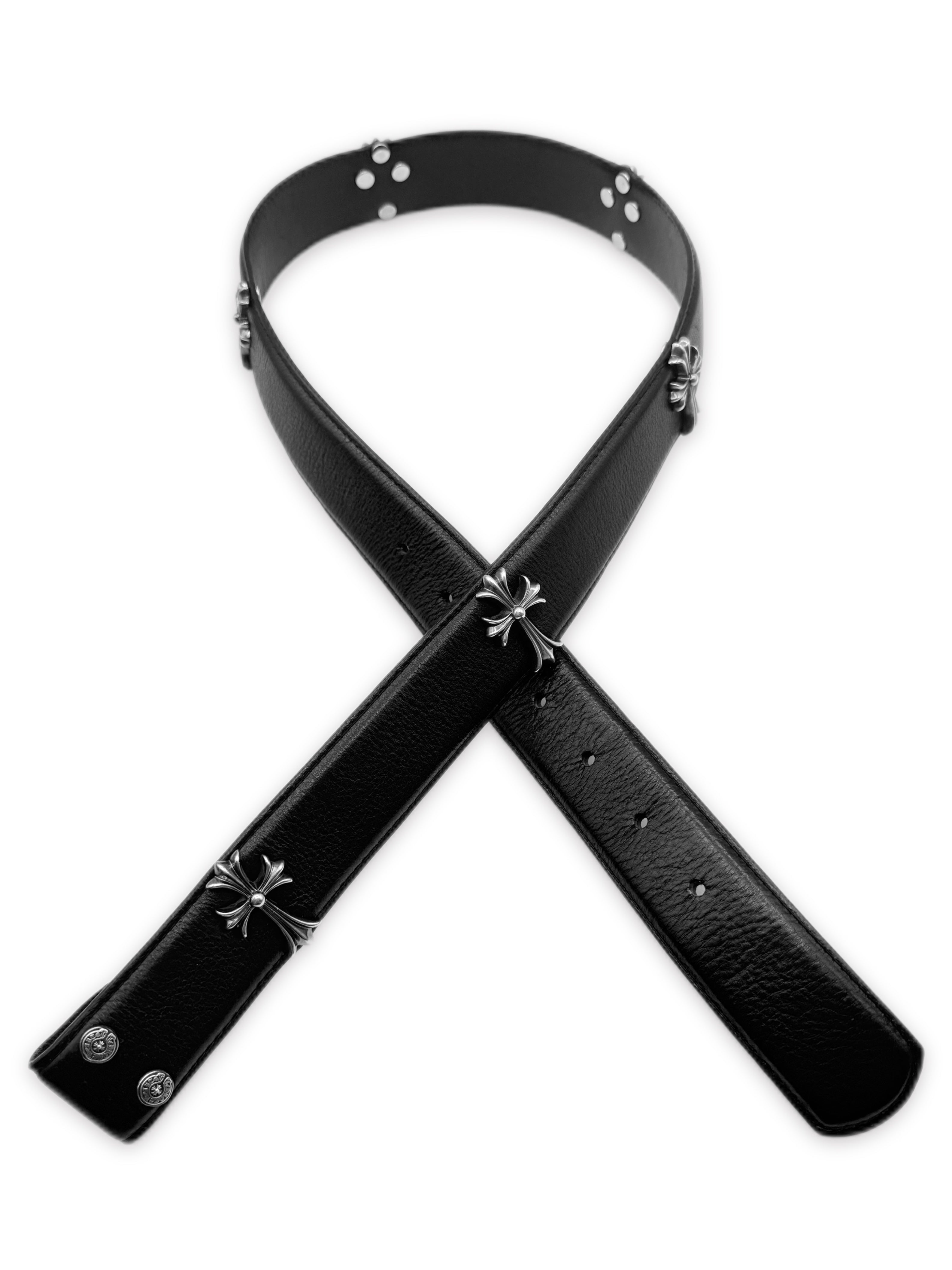 Chrome Hearts Cemetery Cross Pendant Black Leather .925 Silver Belt Strap