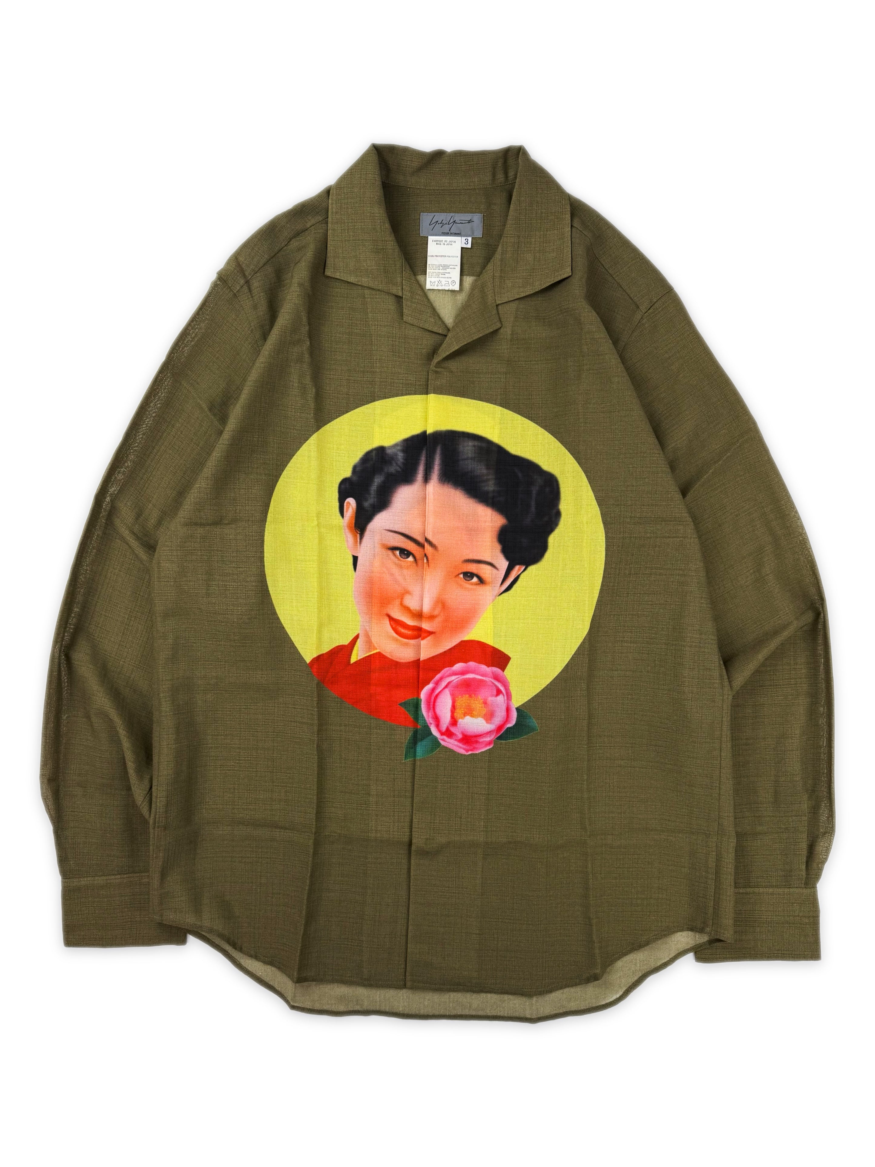 SS02 Yohji Yamamoto Saeko Tsuemura Pin Up Olive Green Portrait Button Up Shirt