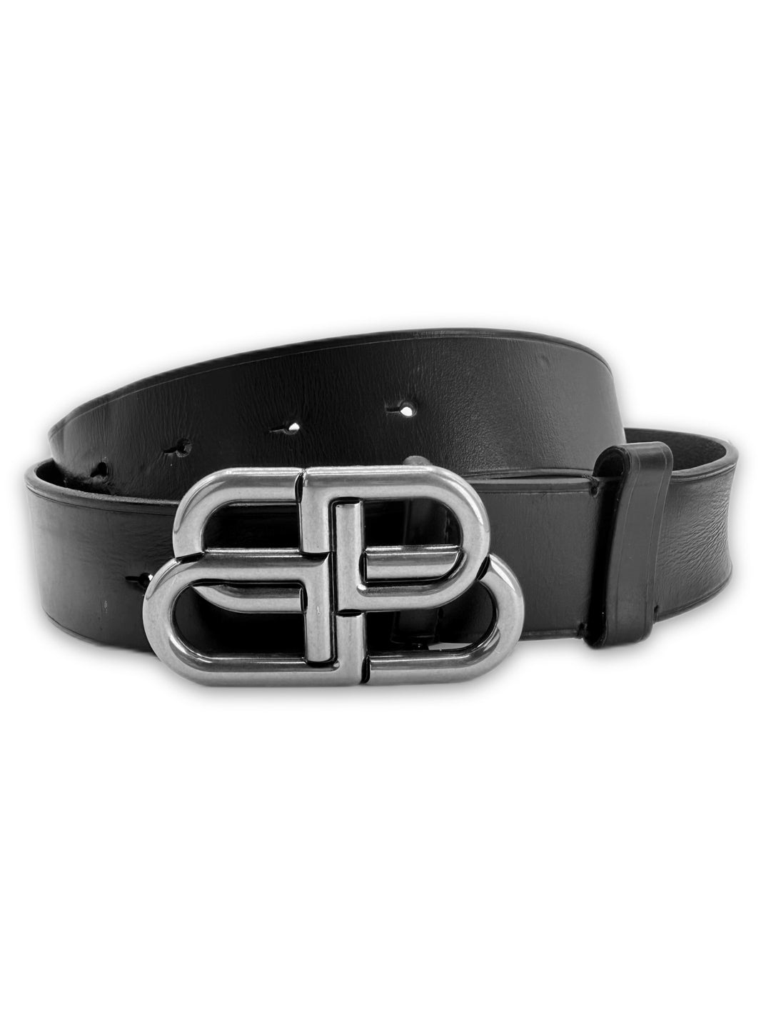 Balenciaga BB Logo Silver Buckle Black Leather Belt