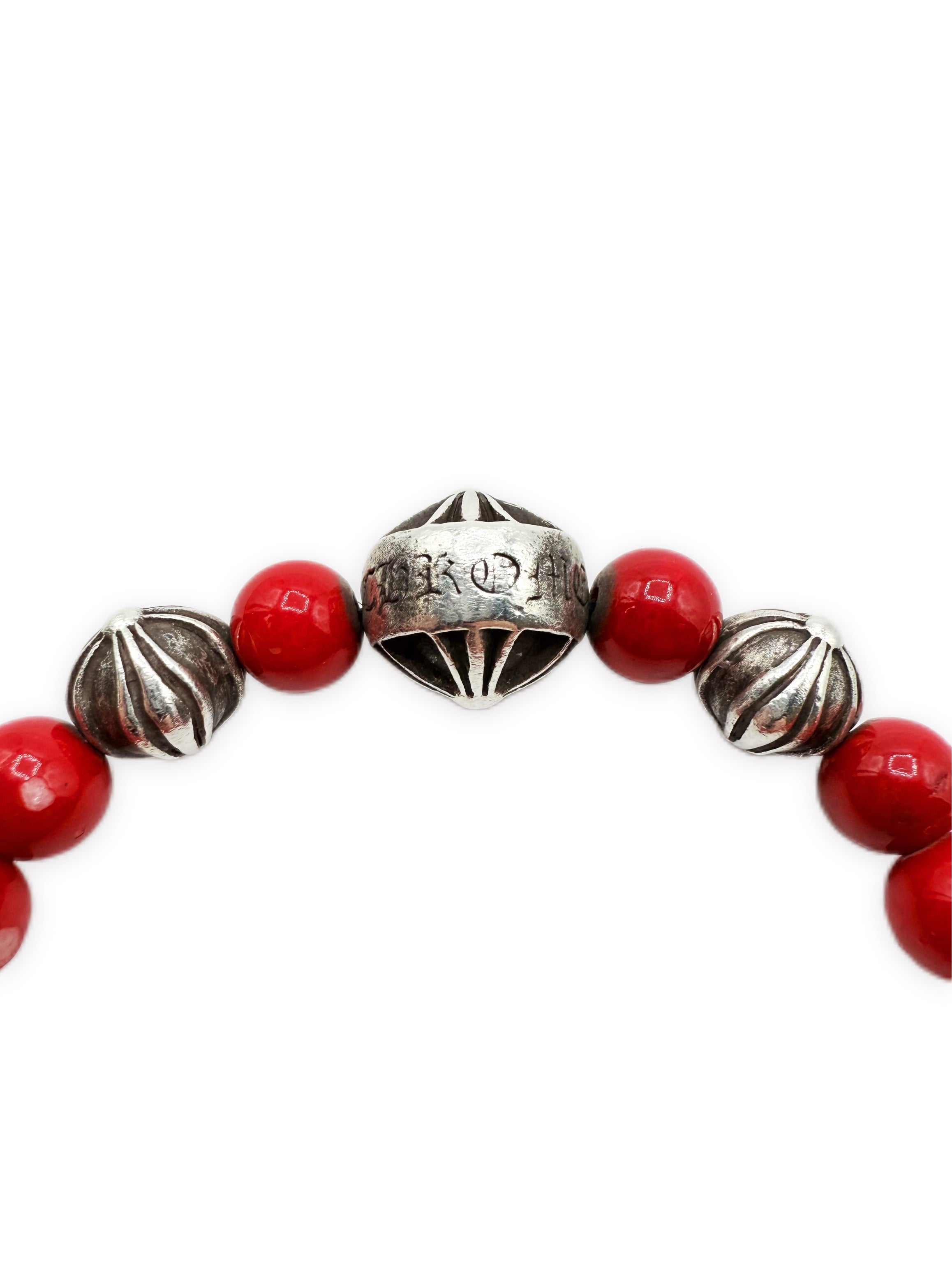 Chrome Hearts Red Beaded Plus .925 Silver Elasticated Bracelet