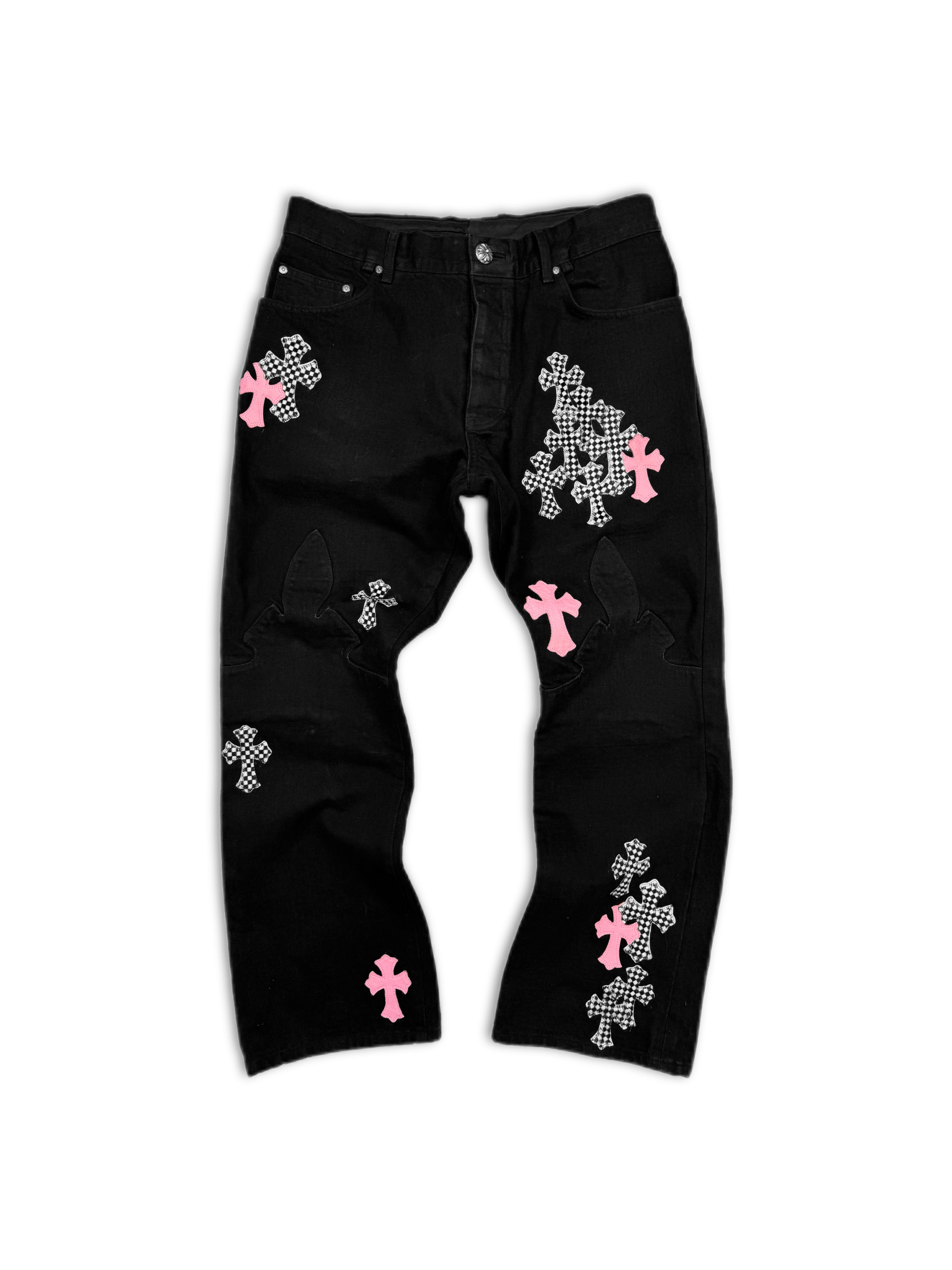 Chrome Hearts Checkered Pink Cross Patch Fleur Knee Denim