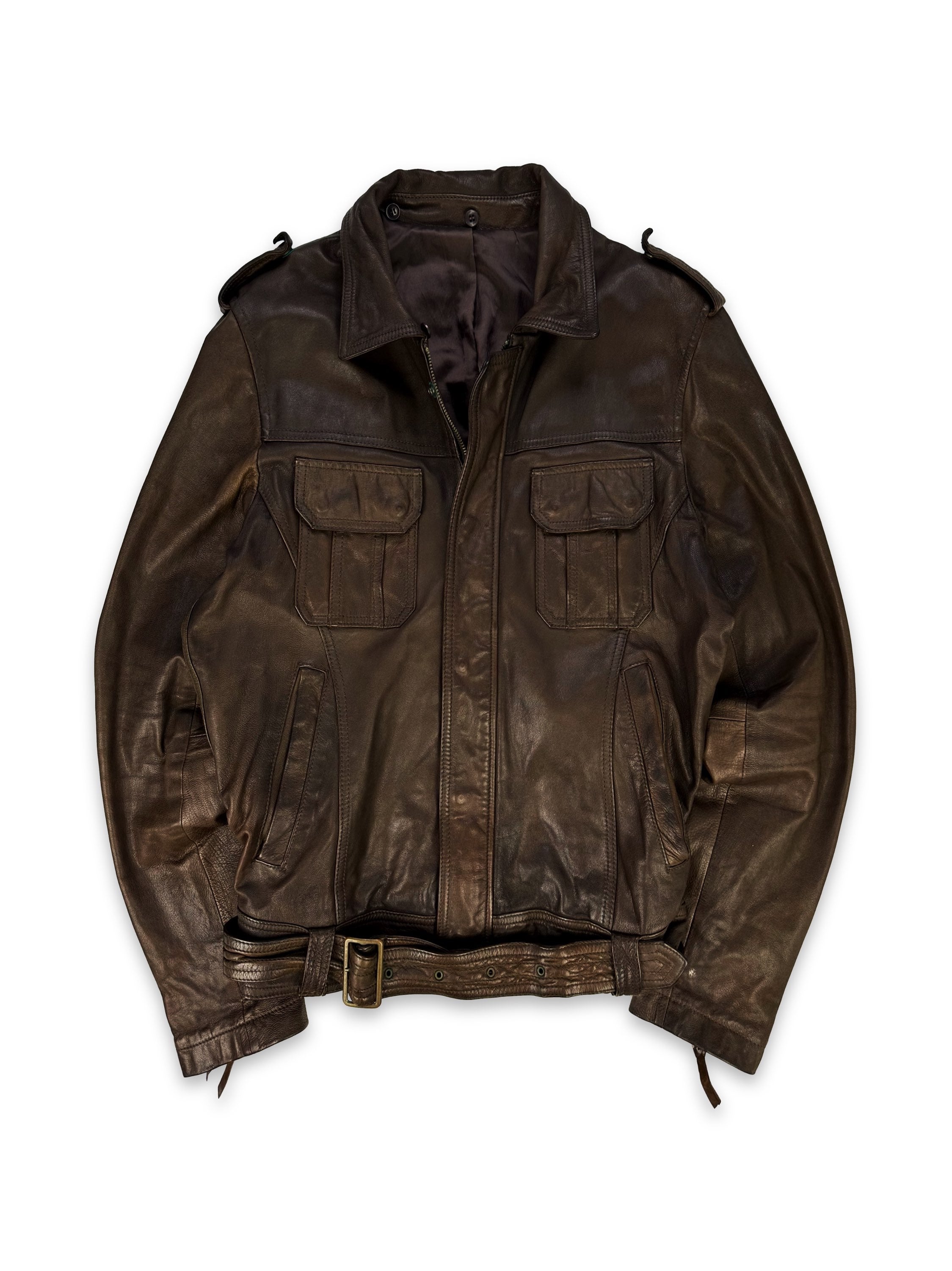 00s Tete Homme Brown Leather Belted Biker Jacket