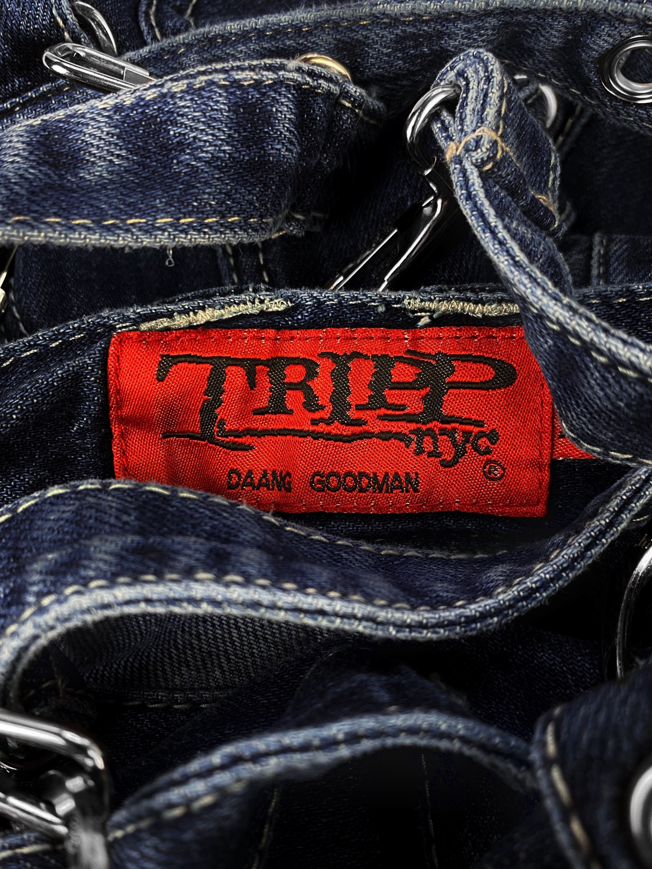00s Tripp NYC ‘Raver’ Bondage Strap Flared Cut Indigo Denim