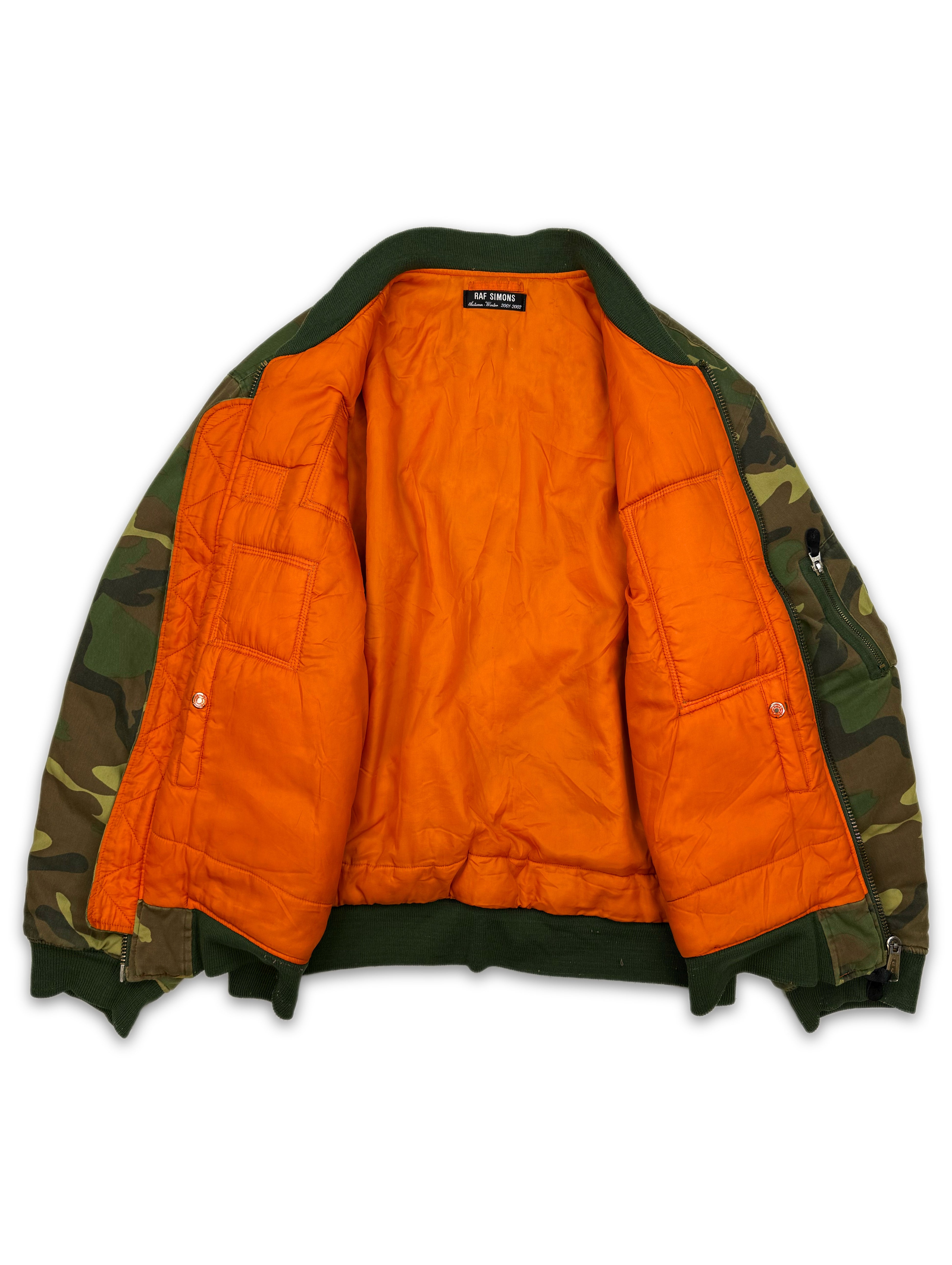AW01 Raf Simons ‘Riot Riot Riot’ Camouflage Patched Bomber Jacket