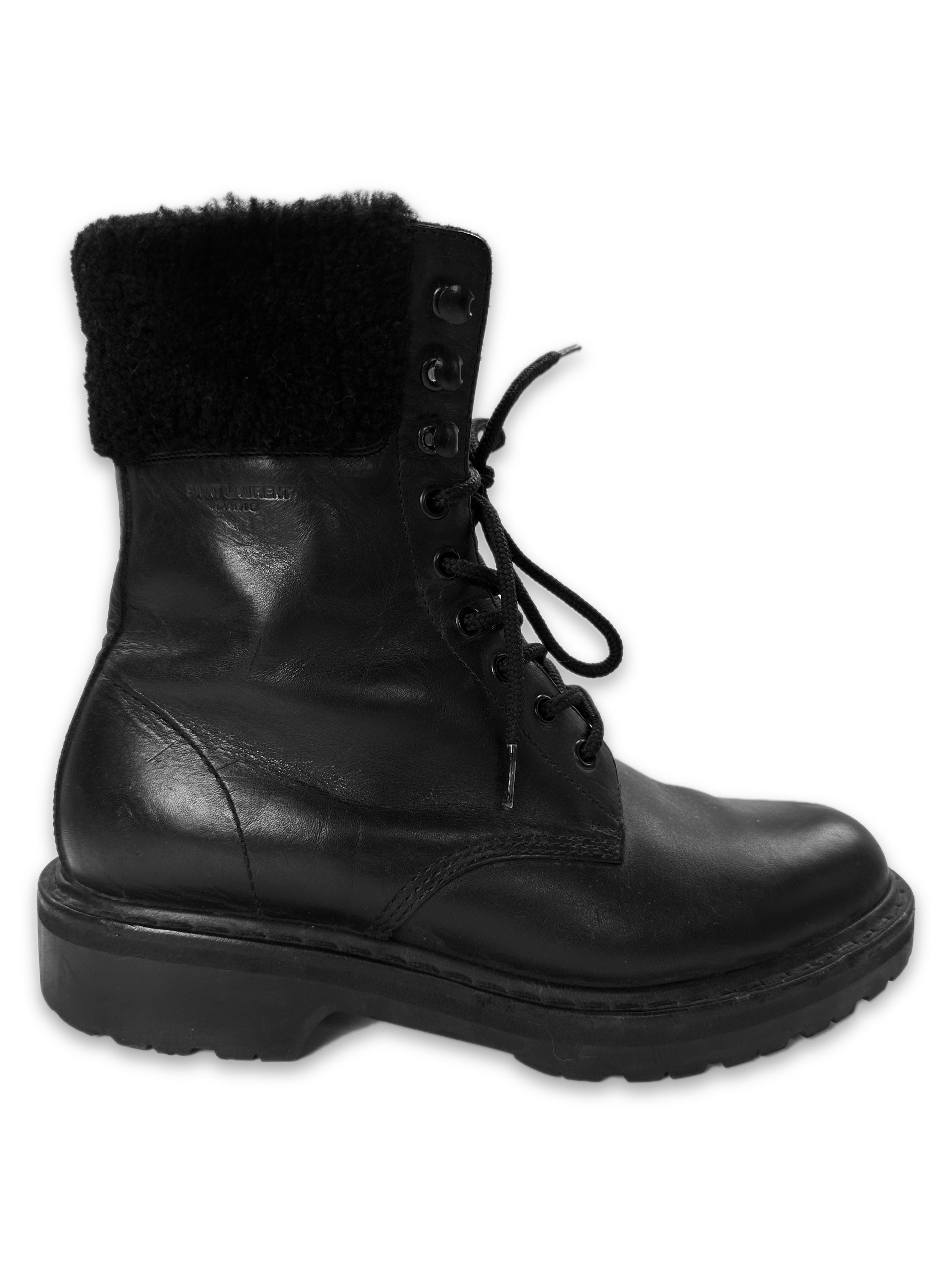 Saint Laurent Black Leather Shearling Lined Combat Boots