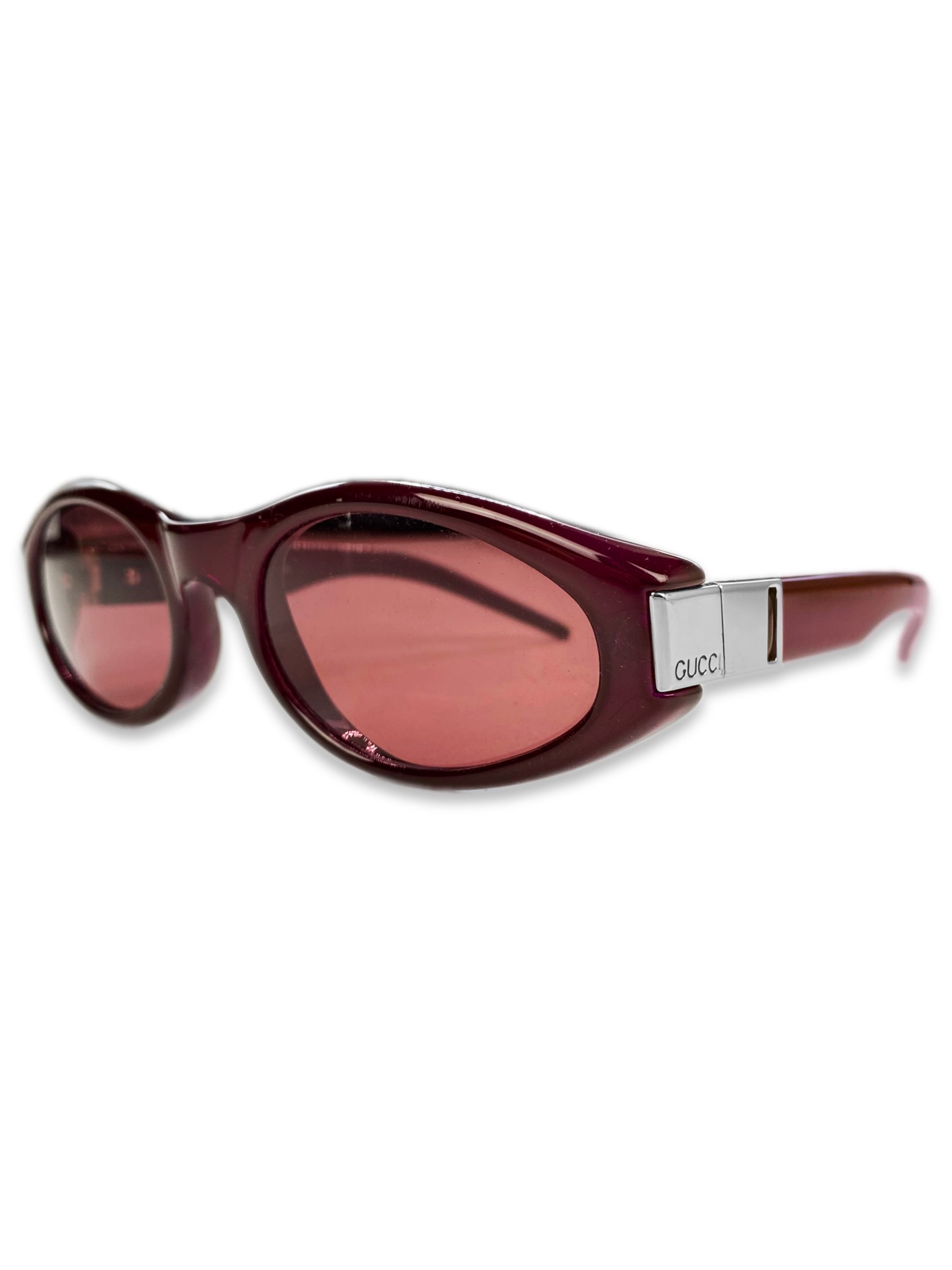 Gucci Blood Red Oval Frame Metallic Etched Rose Tint Sunglasses