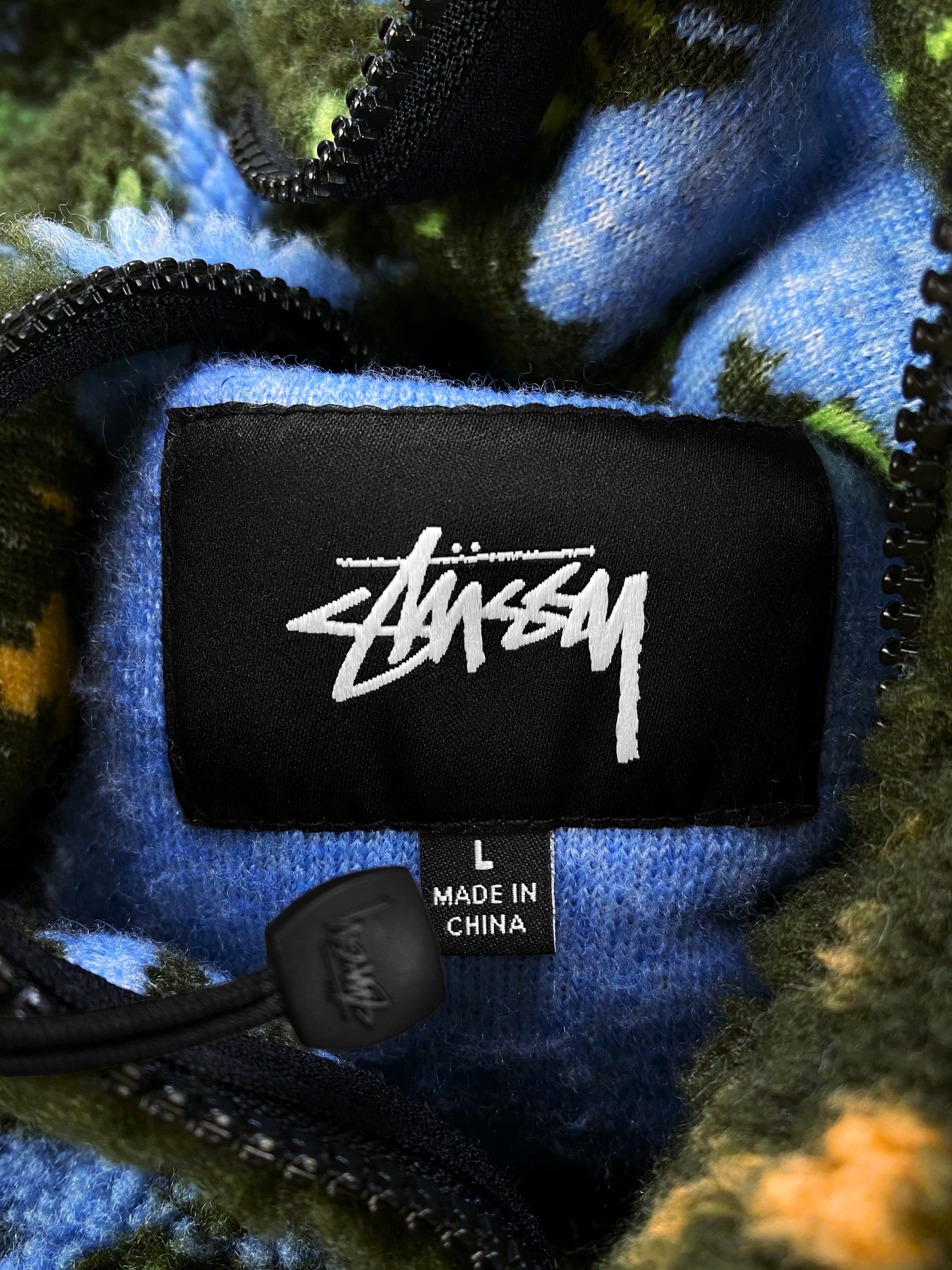 AW19 Stüssy ‘Tropical’ Blue Jacquard Print Sherpa Fleece Jacket