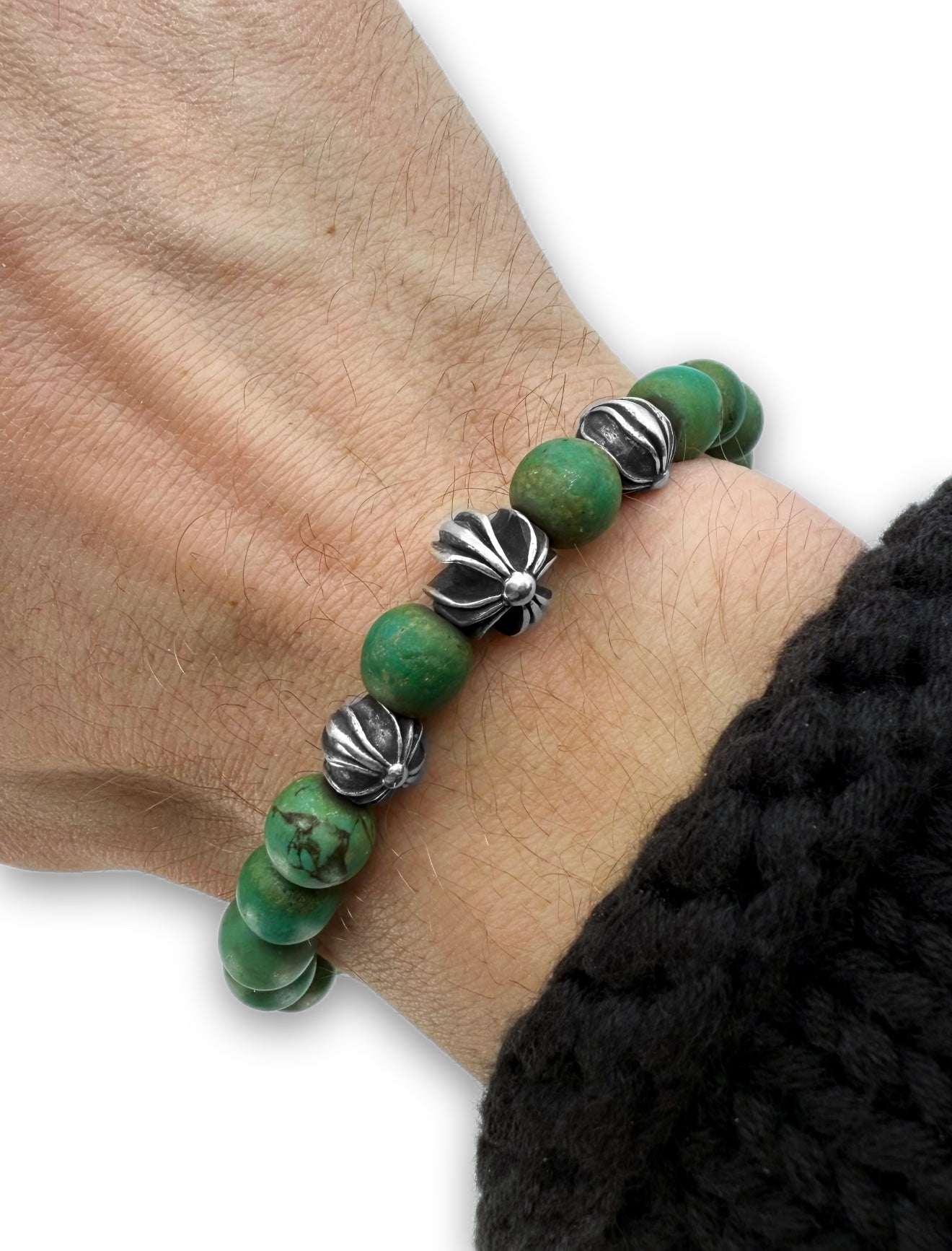 Chrome Hearts Jade Green ‘Plus’ .925 Silver Bead Bracelet