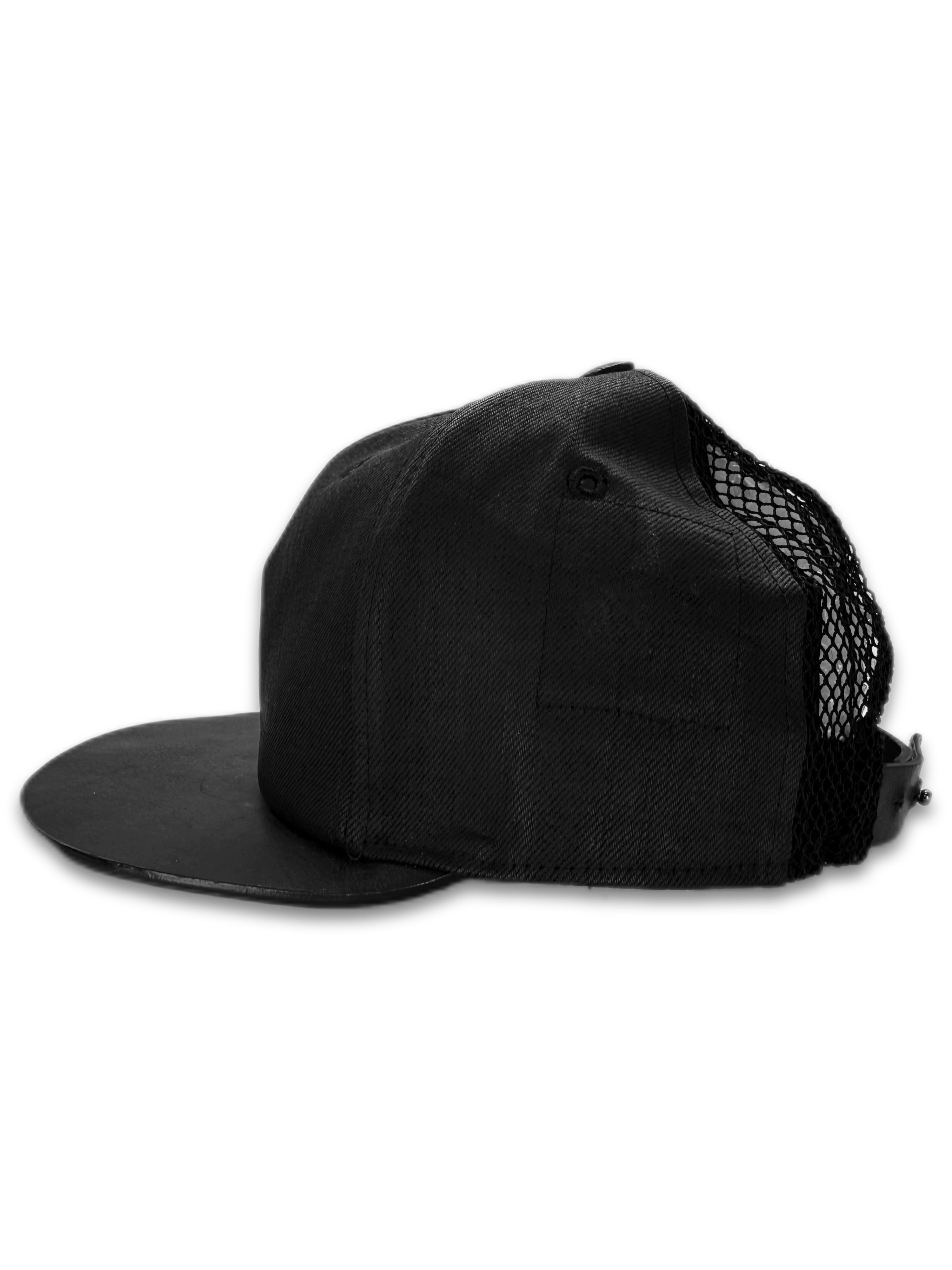 Rick Owens Black Leather Waxed Denim Snap Back Hat w/ Bag