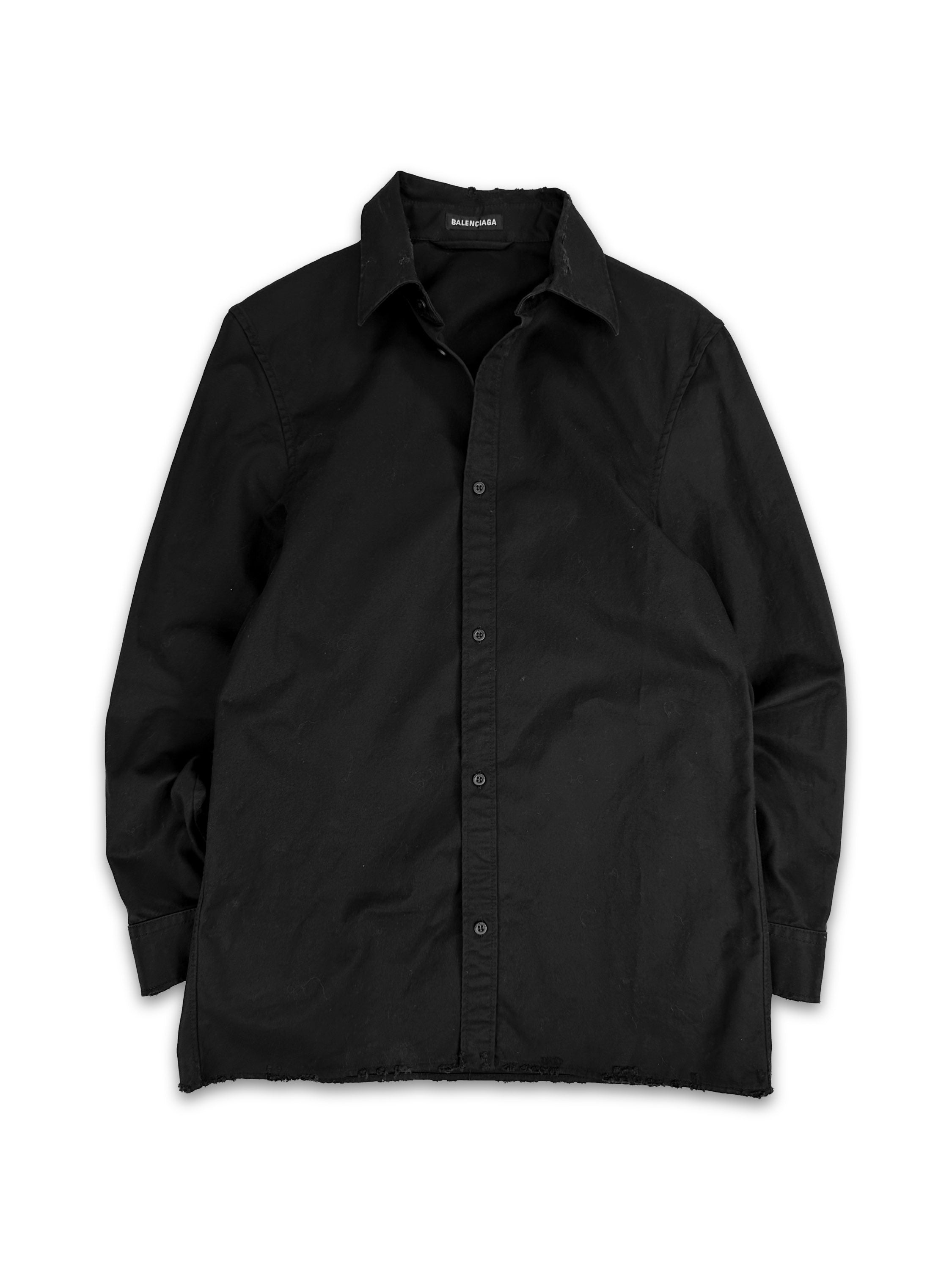 AW22 Balenciaga Distressed Collar Black Long Sleeve Button Up Shirt