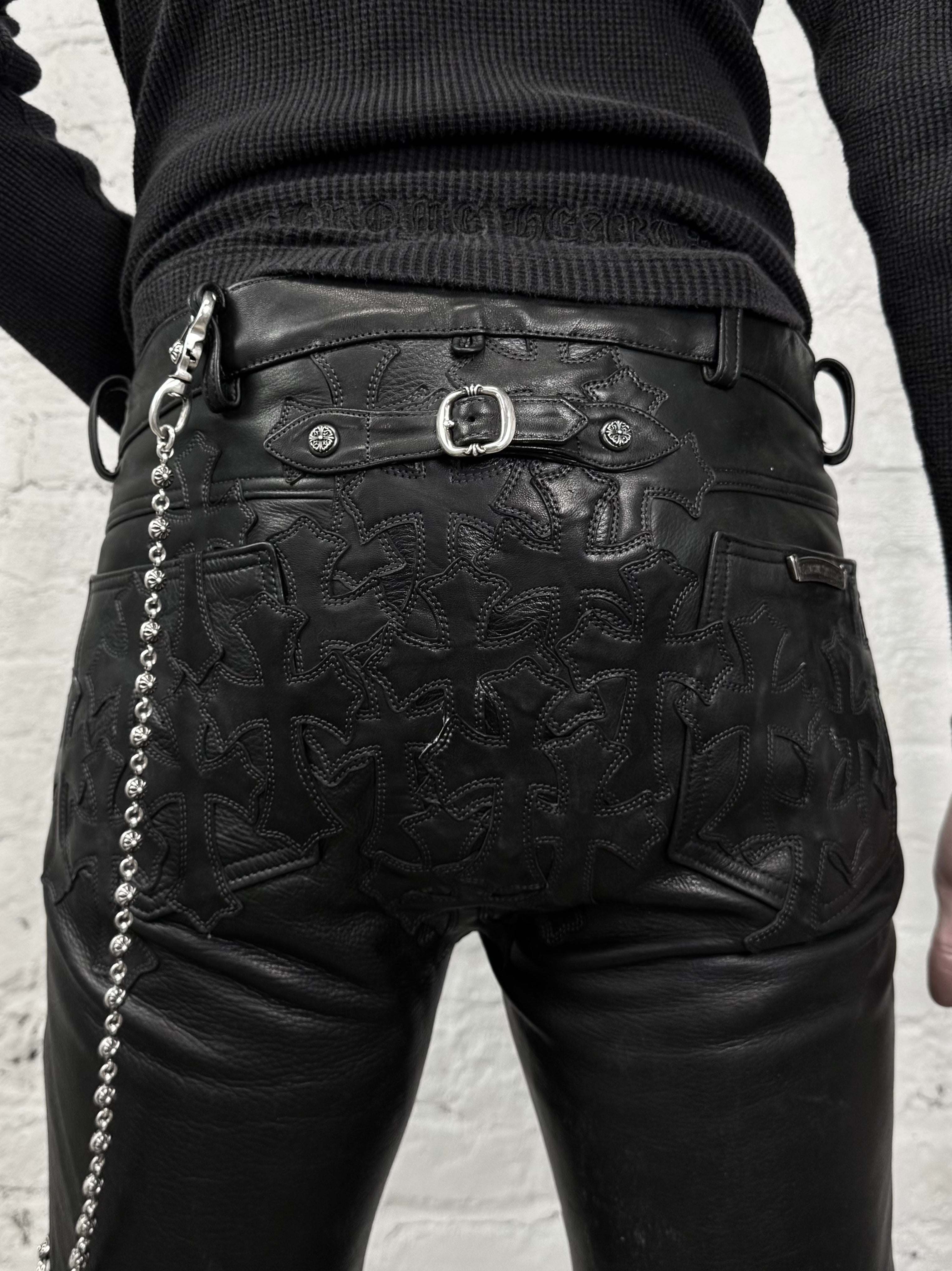 Chrome Hearts 30 Cross Patch Back Buckle Gunslinger Leather Fleur Knee Pants