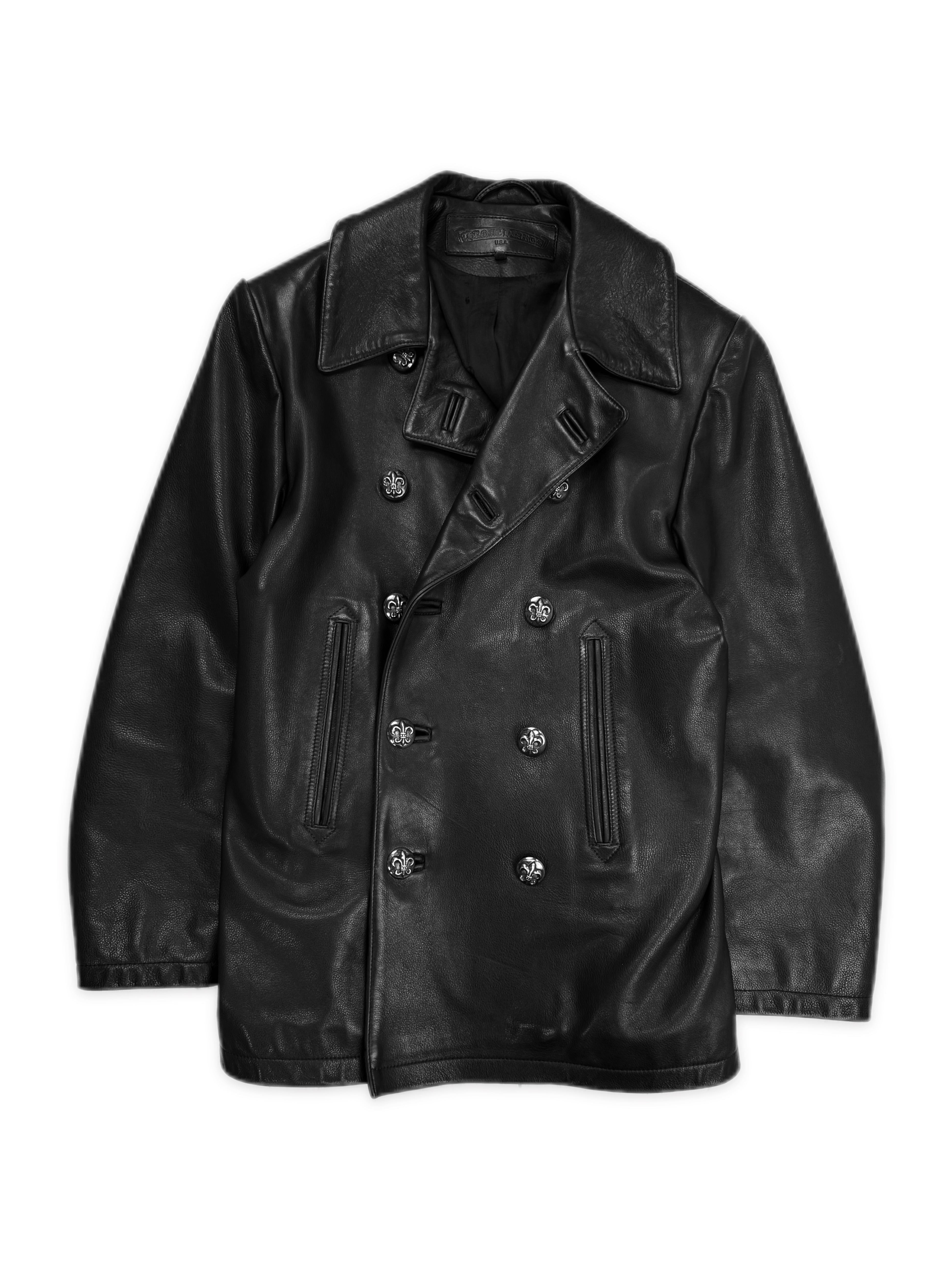 Chrome Hearts Fleur de Lis Black Leather .925 Silver Pea Coat