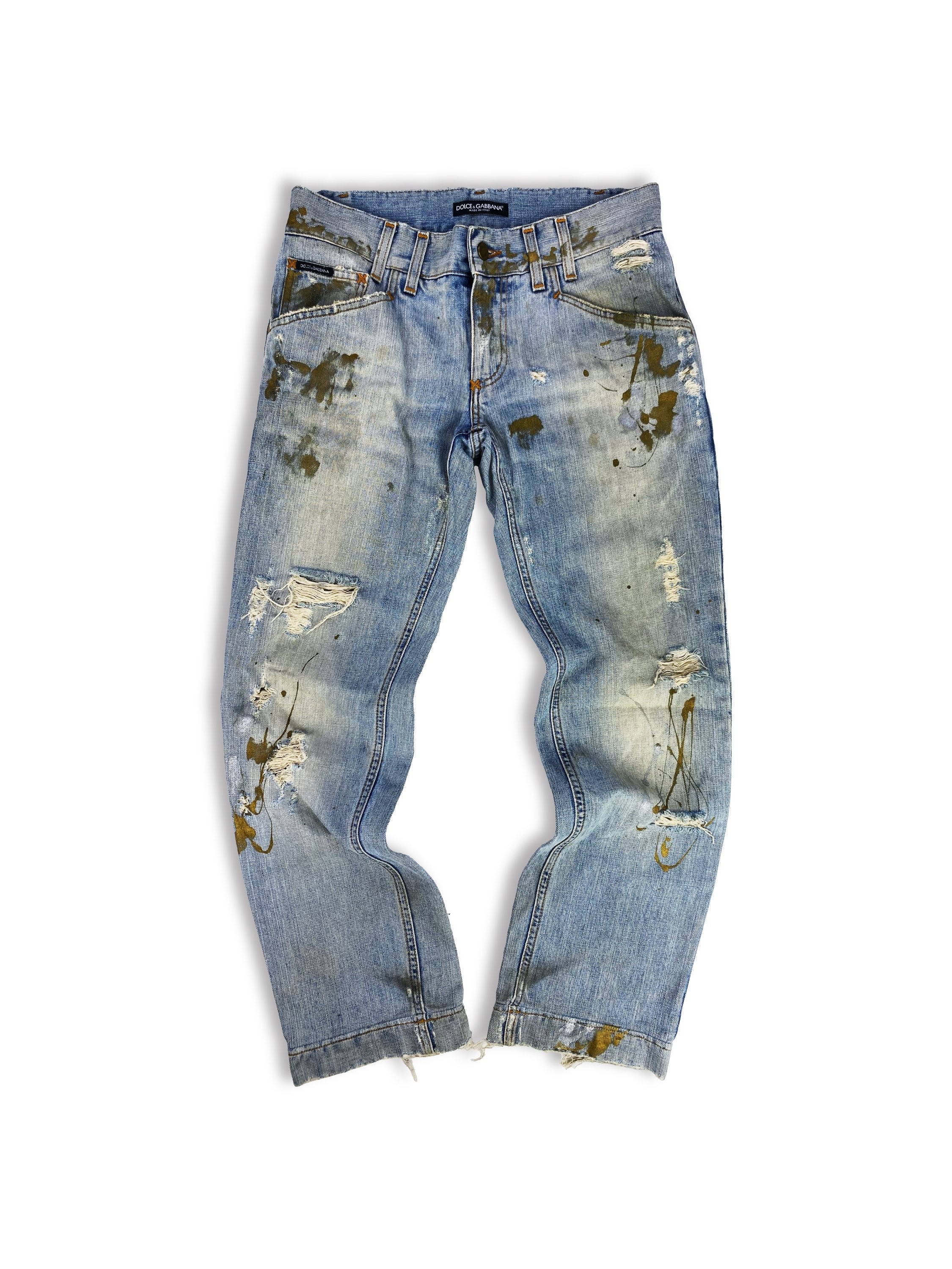 00s Dolce &amp; Gabbana Distressed Paint Splatter Light Wash Denim