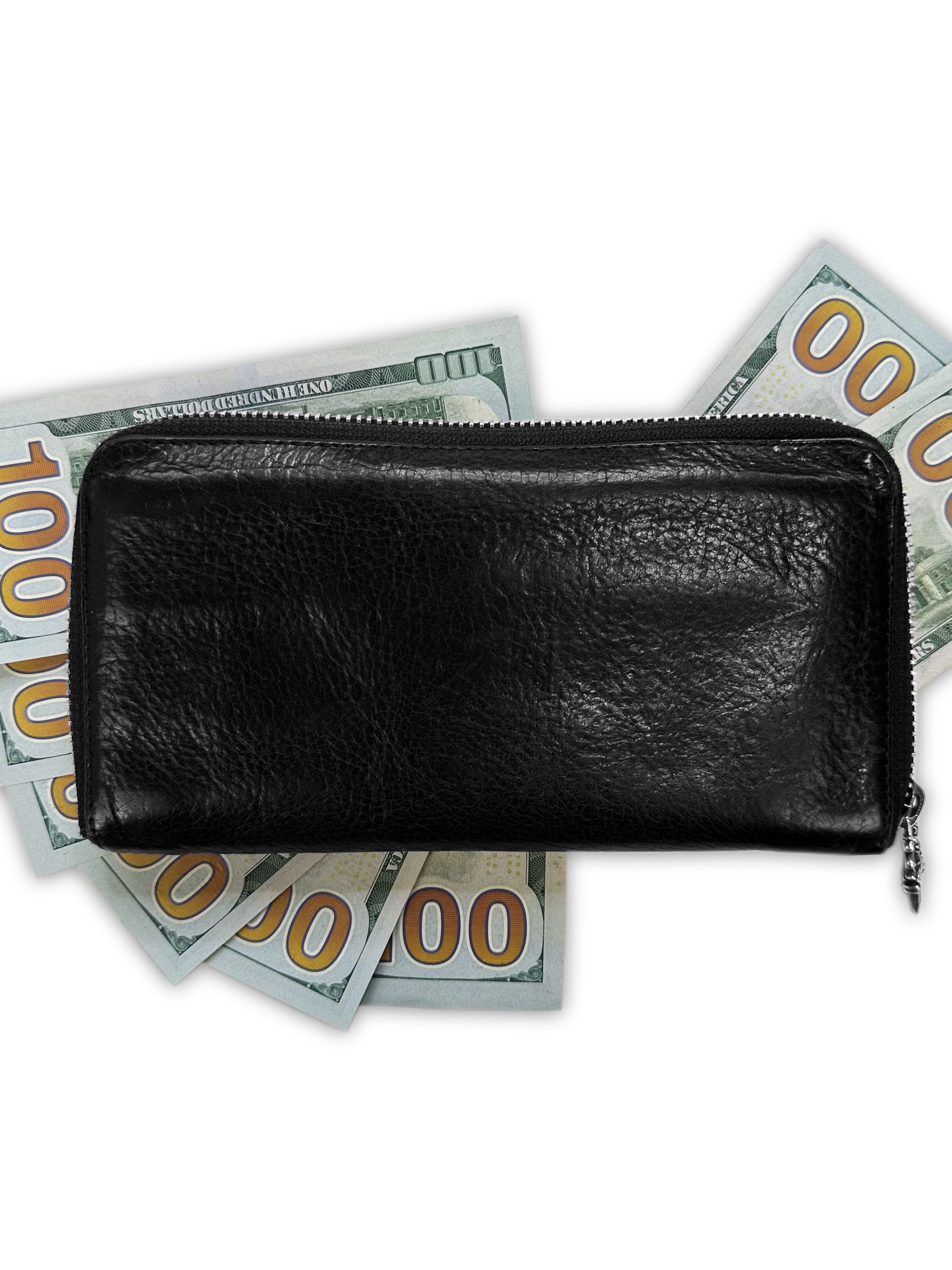 00s Chrome Hearts ‘Triple Cross’ Motif .925 Silver Black Leather Long Wallet