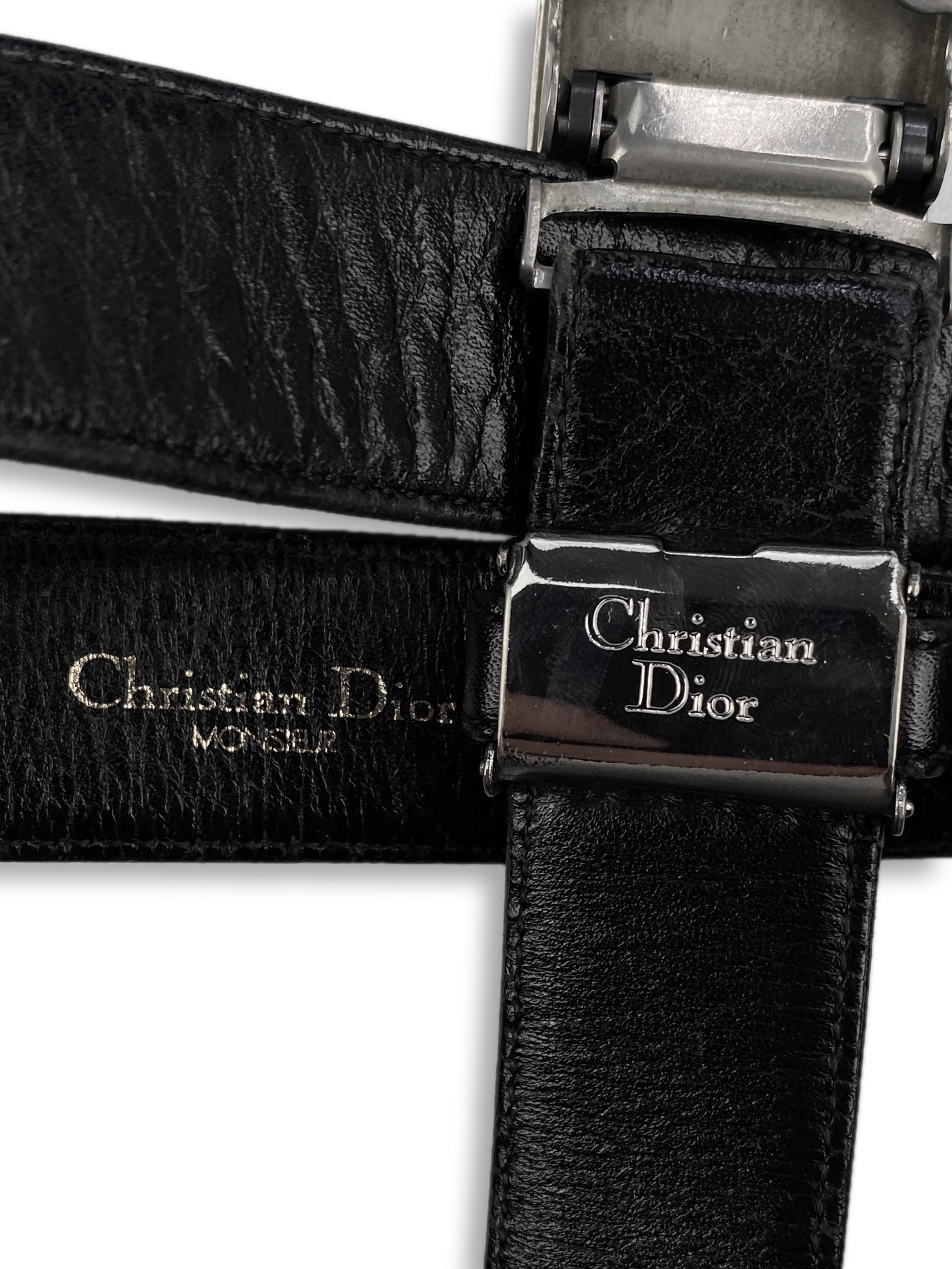 90s Dior Metallic Black Leather Squared Skinny Belt