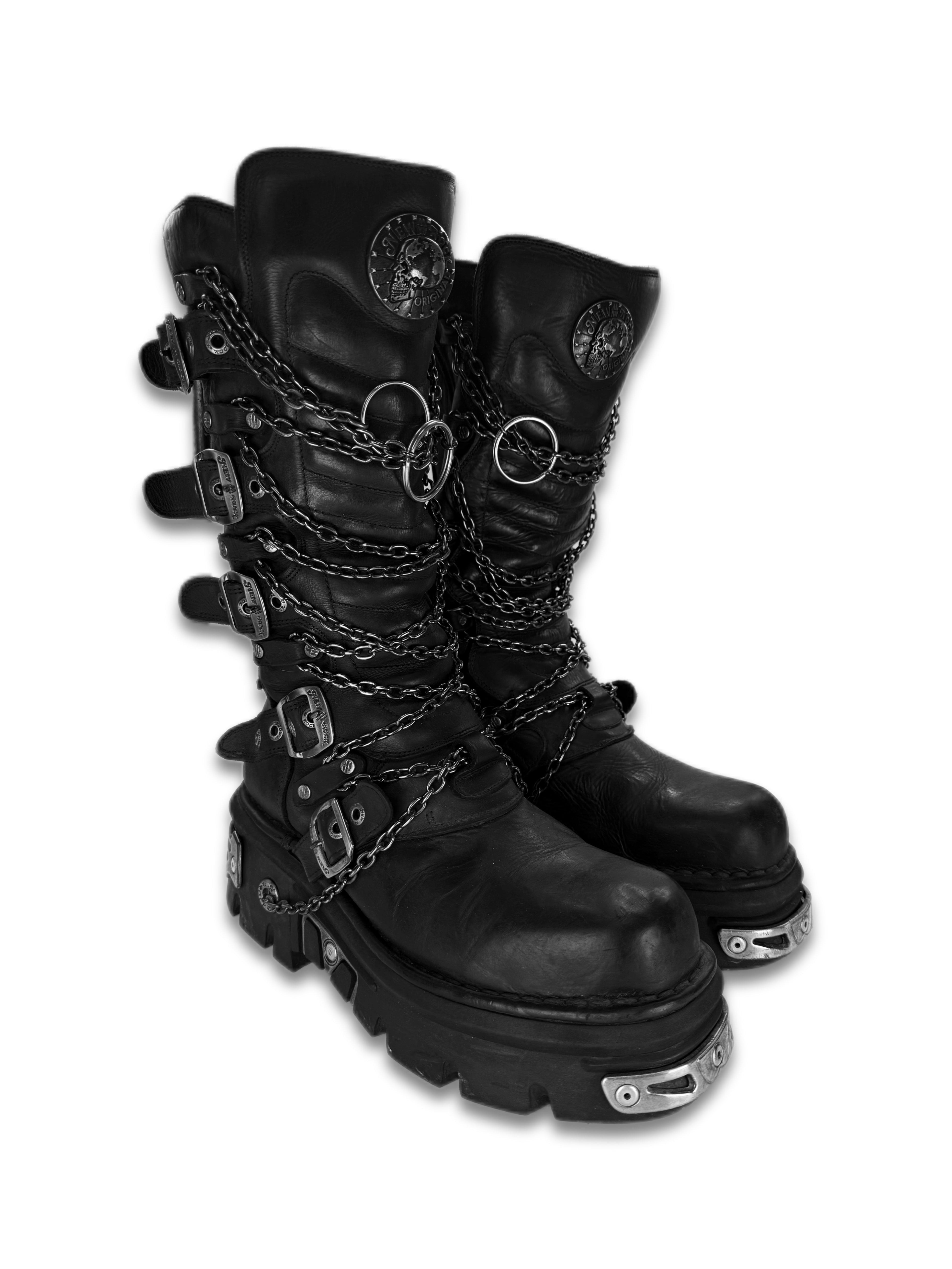 New Rock ‘M-1013-C10’ Chained Black Leather Platform Combat Boots