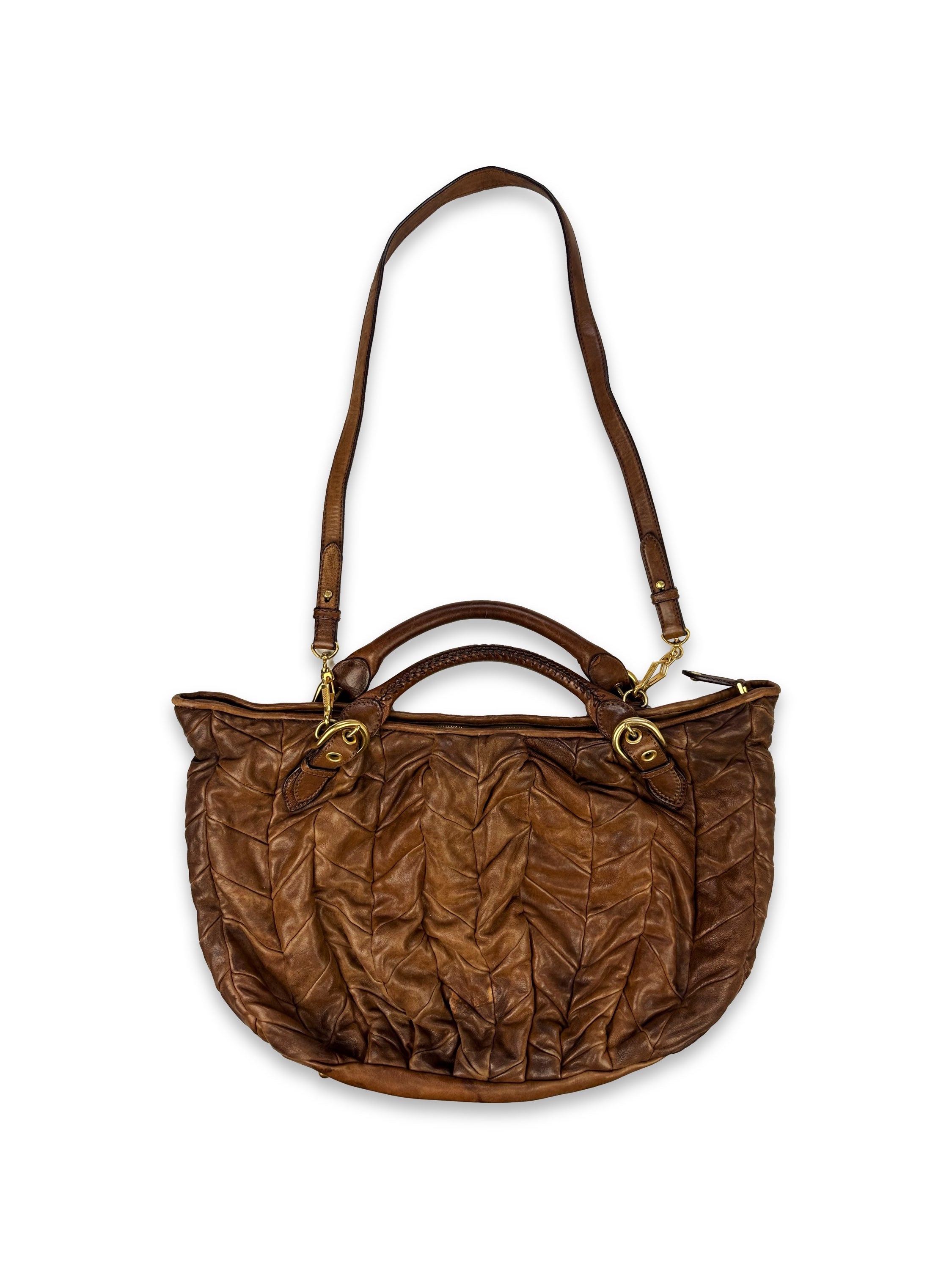 00s Miu Miu Brown Leather Metallic XL Handbag