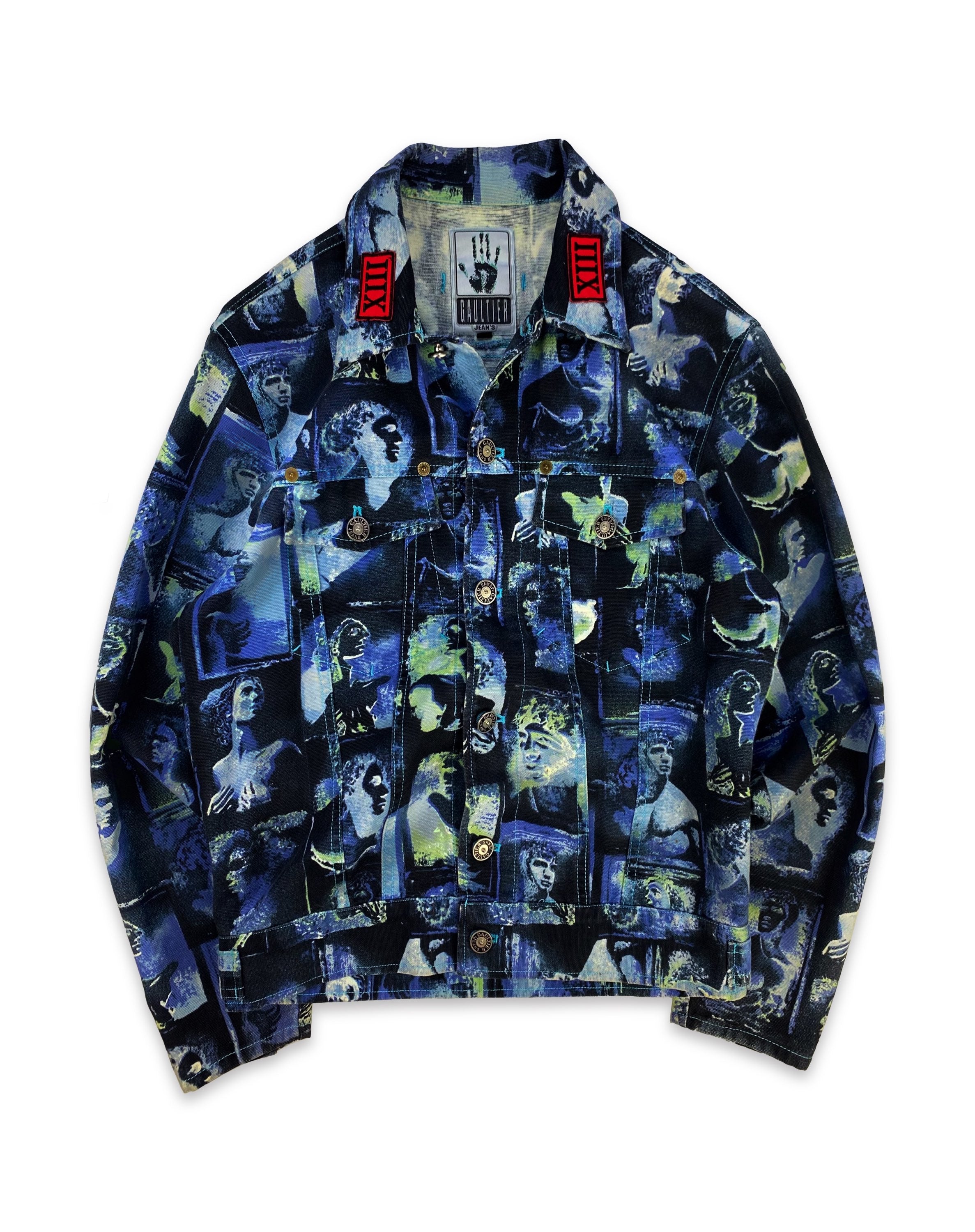 SS93 Jean Paul Gaultier ‘Faces’ Graphic Two Tone Denim Jacket