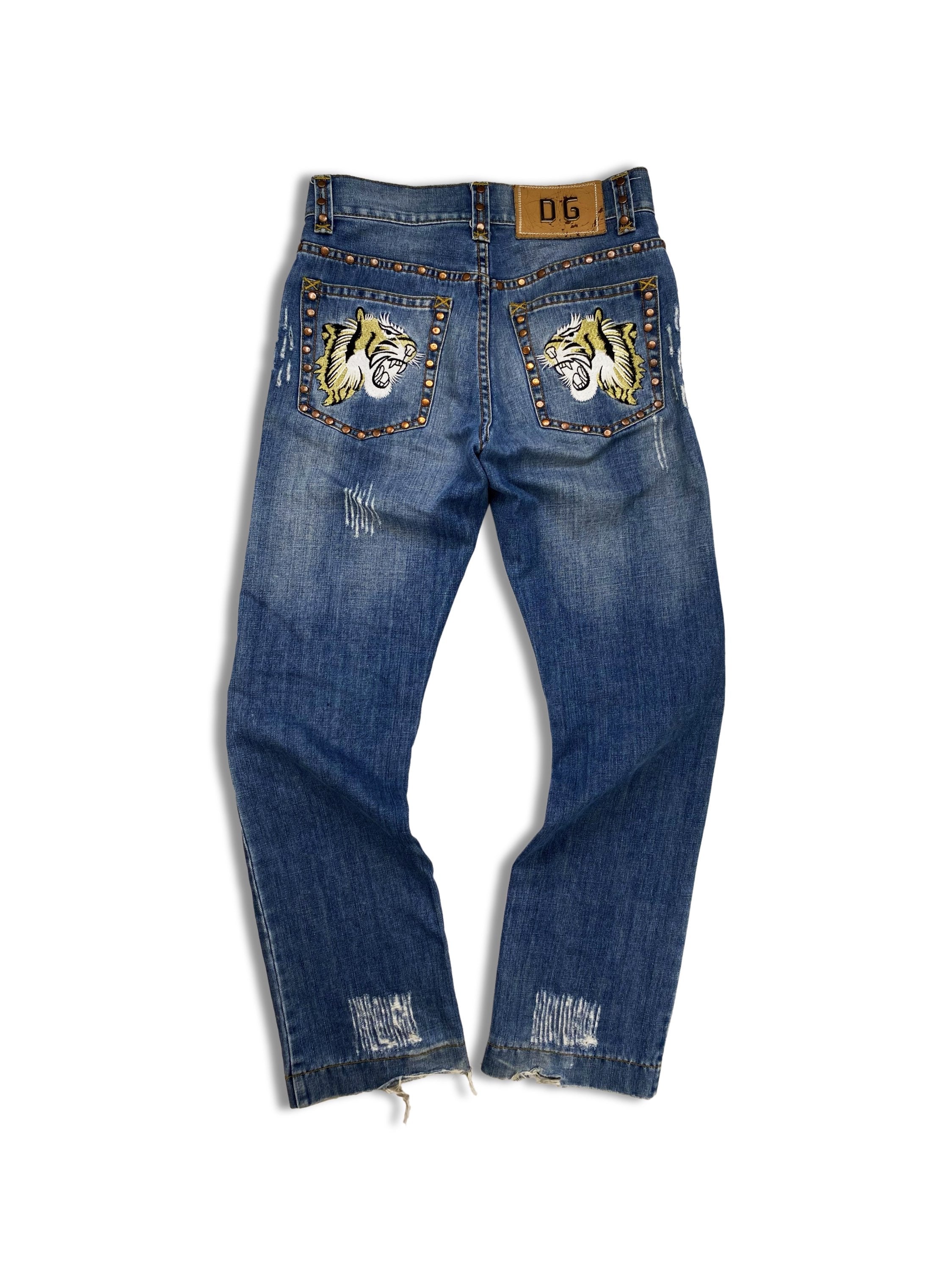Dolce & Gabbana Embroidered Tiger Studded Distressed Denim