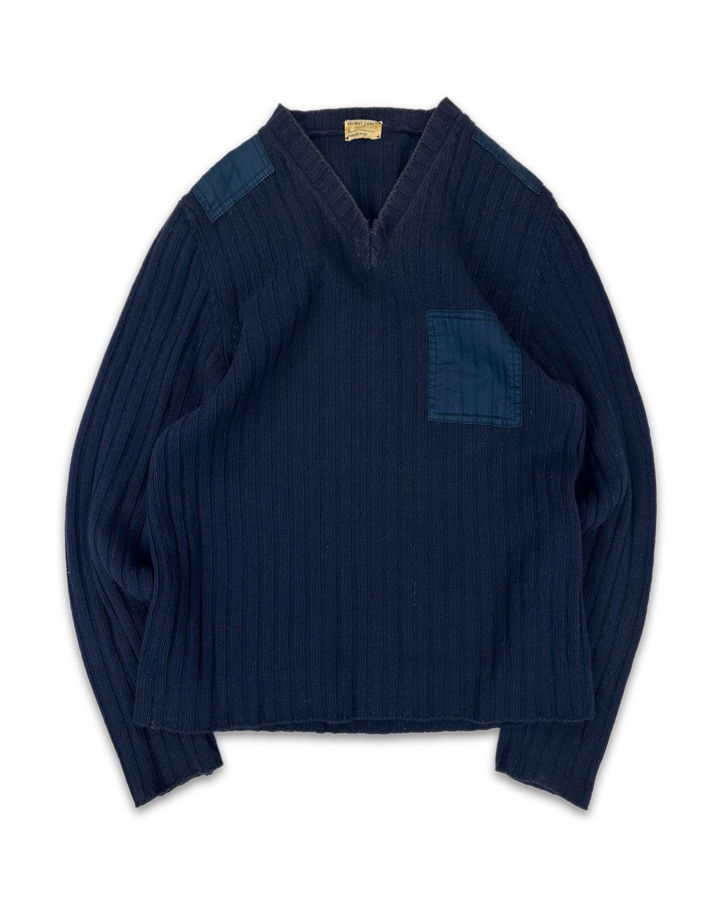 AW97 Helmut Lang Navy Blue ‘Patched’ Heavy Weight Knit Sweater