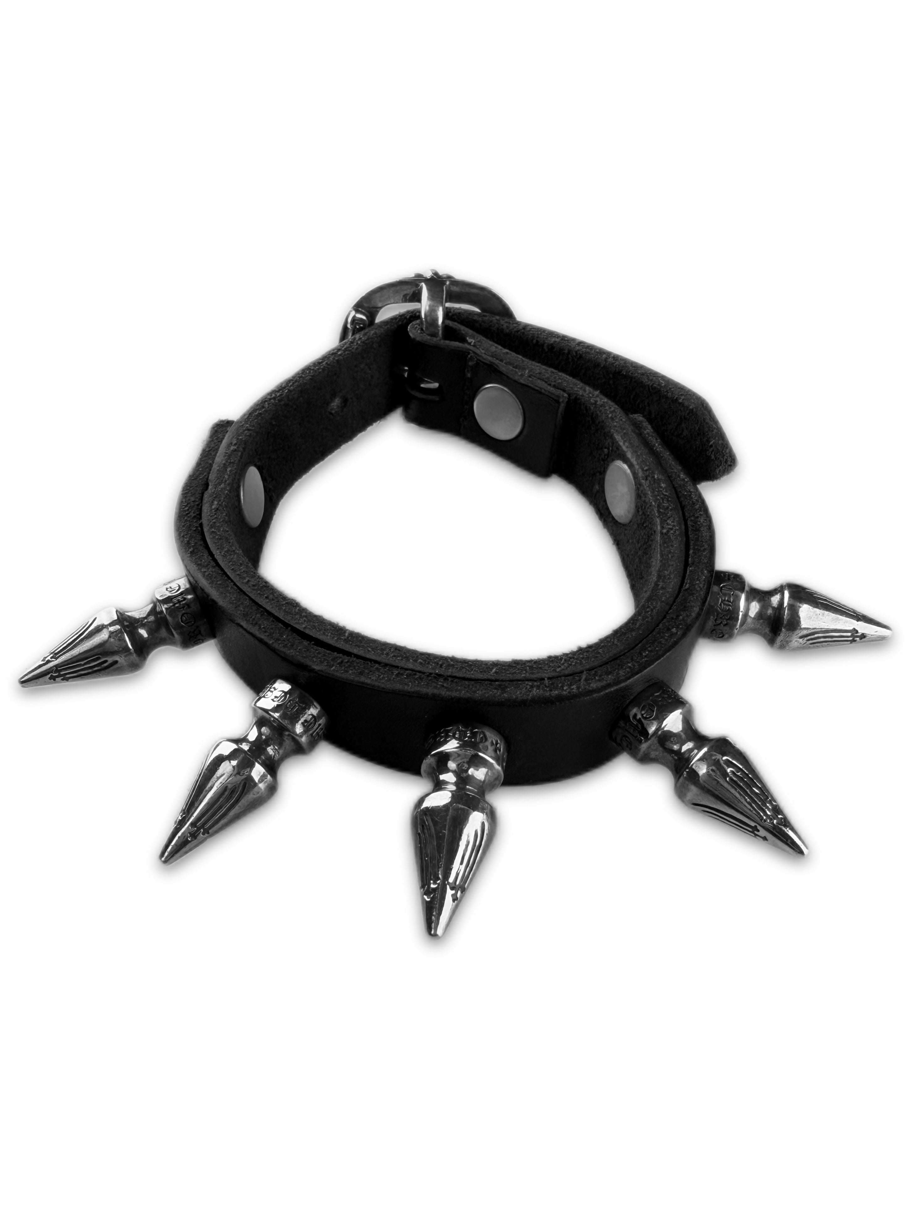 Chrome Hearts Spiked Punk Gunslingler Black Leather Bracelet
