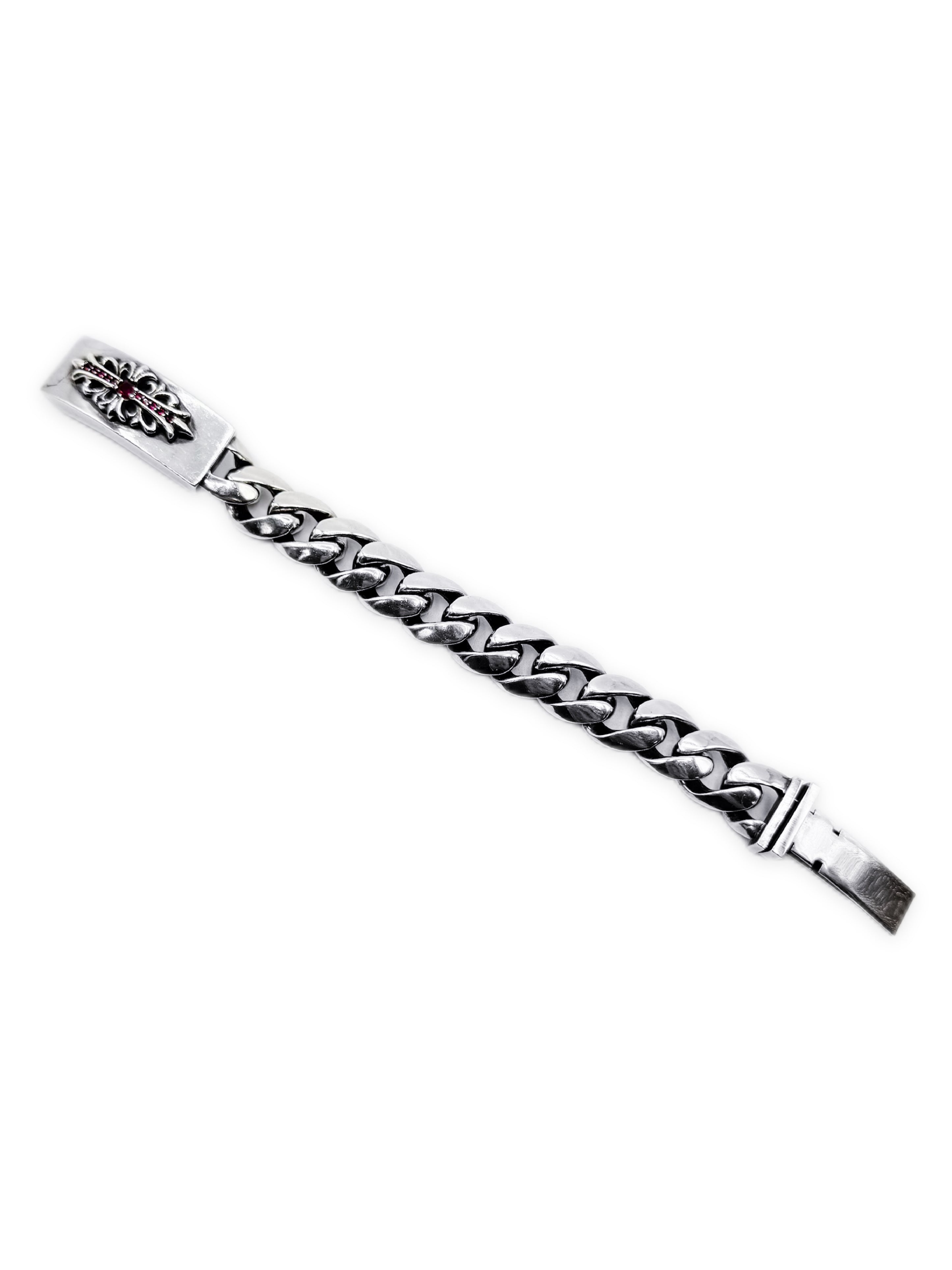 Chrome Hearts Ruby Pavé Factory Set Floral .925 Silver ID Bracelet