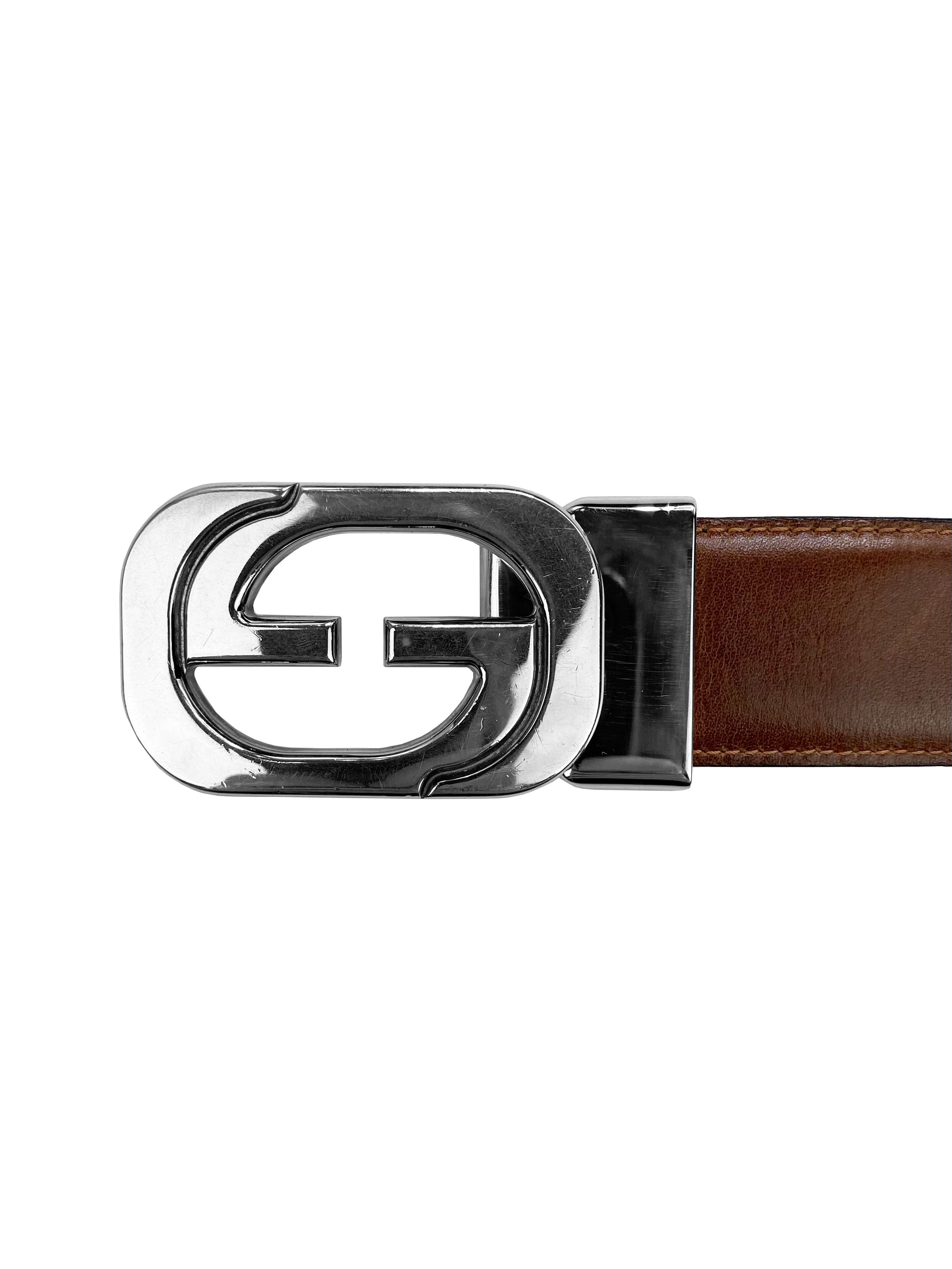 Gucci GG Silver Buckle Leather Belt
