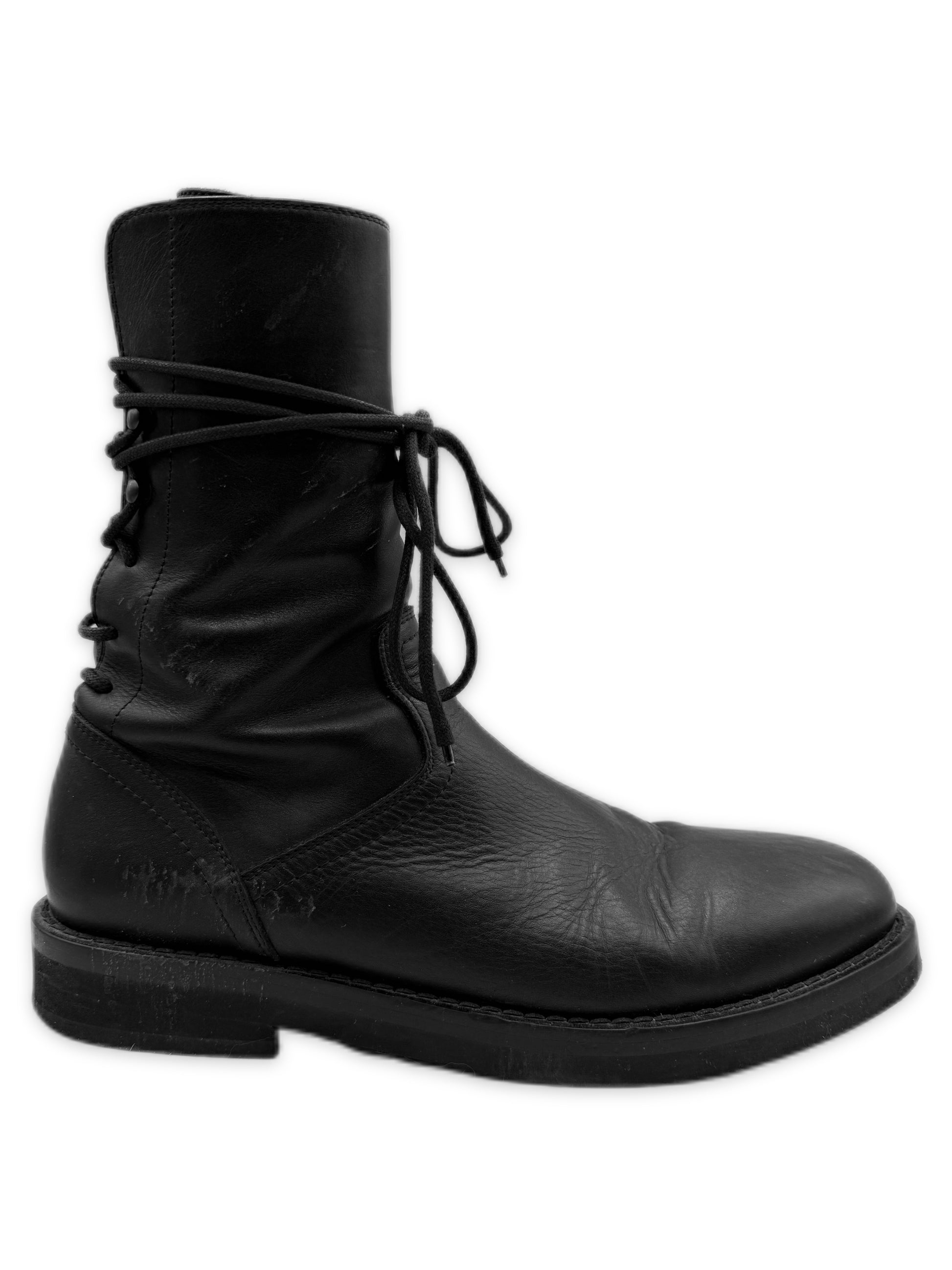 Ann Demeulemeester Back Lace Vitello Black Leather Side Zip Combat Boots