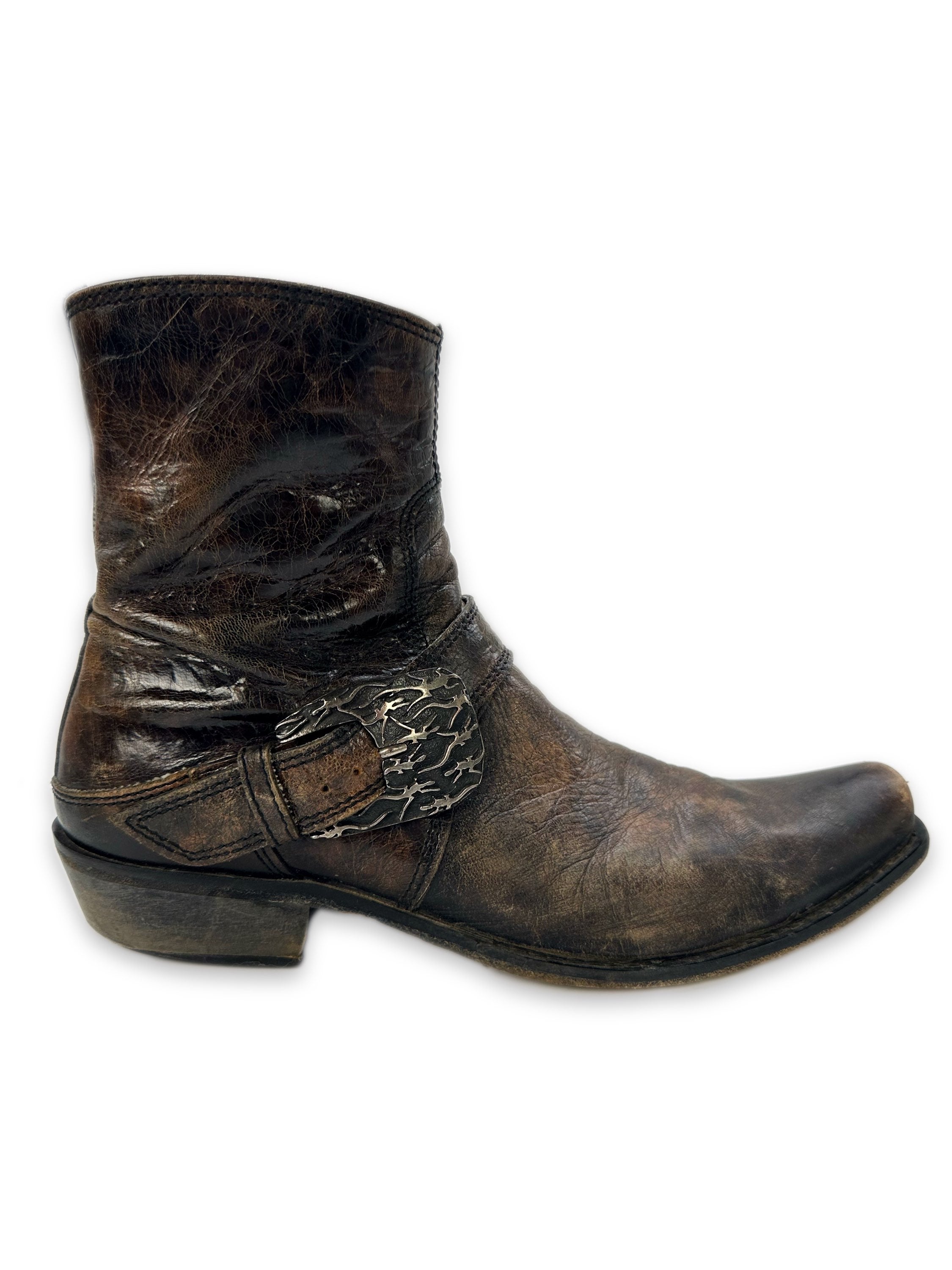 00s Donald J. Pliner Western Buckle Side-zip Brown Leather Boots