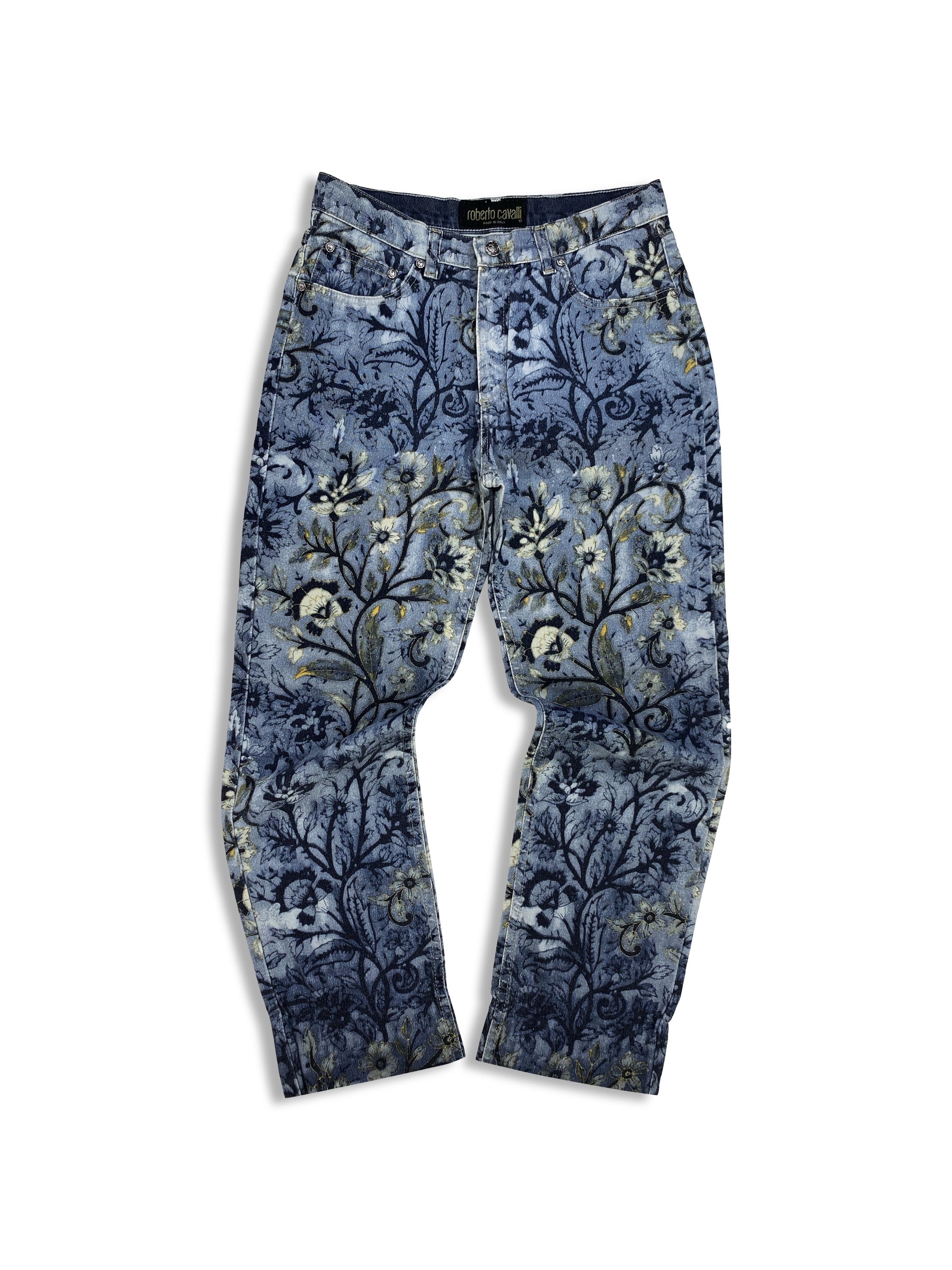 90’s Roberto Cavalli Blue Floral Full Print Denim Jeans
