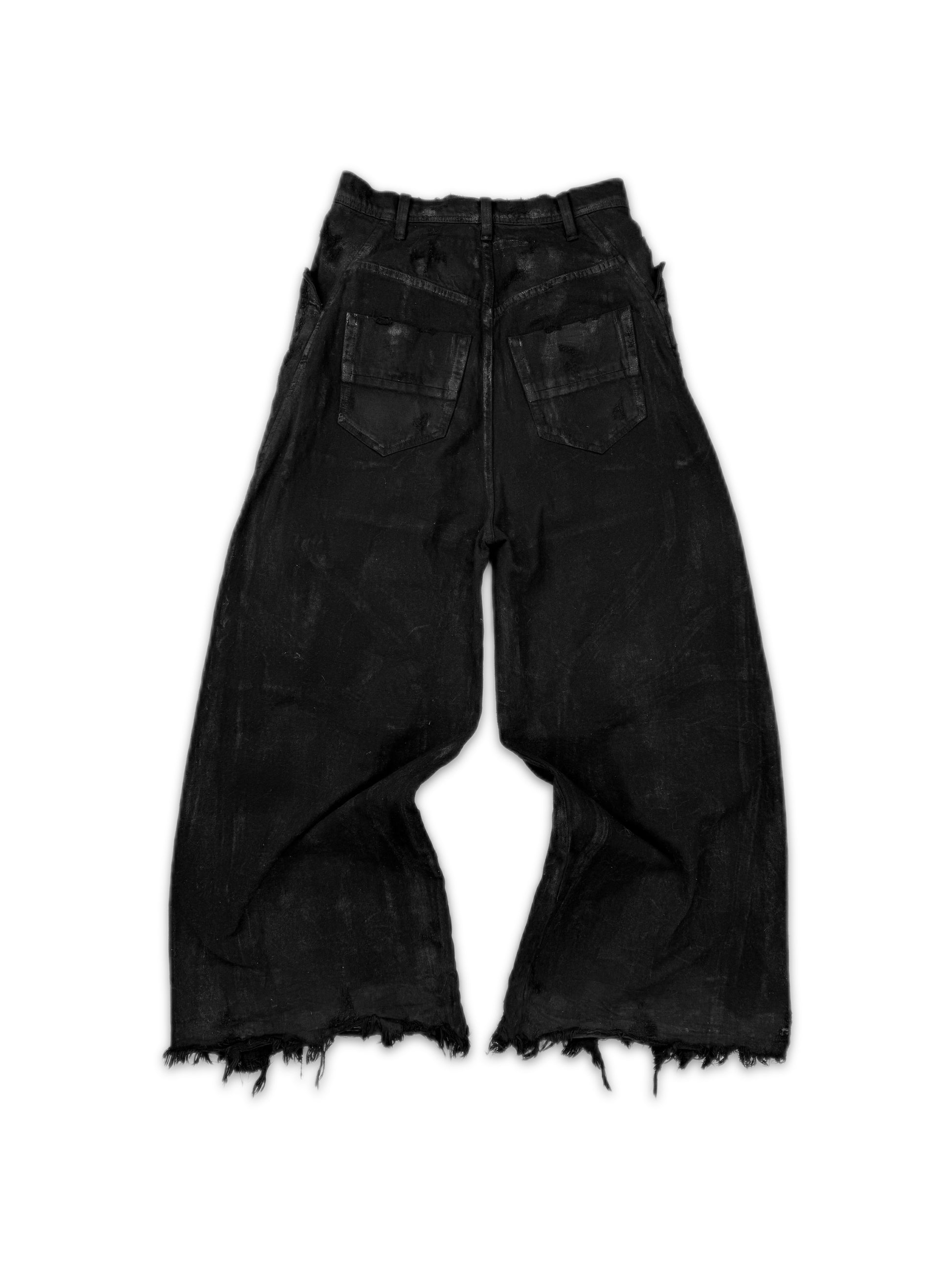 AW24 Julius ‘Rift’ Black Waxed Wide Leg Distressed Black Denim